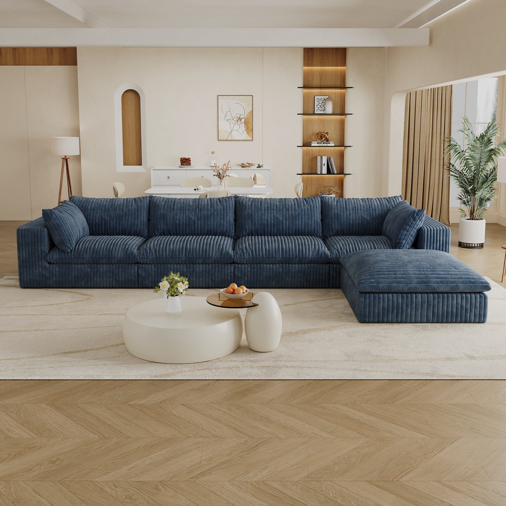 157.6'Cloud Sofa,Corduroy Fabric,Deep Seat Couches,Double-layer design,Removable  Cushion,No Assembly,DIY Combination for Living room, Bedroom,Conference room ,Apartment,Blue