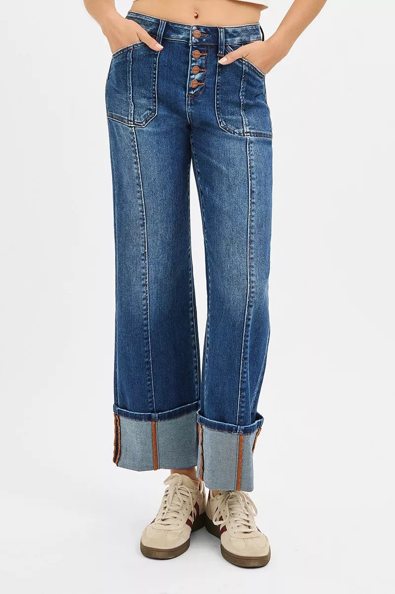 Risen Plus Size High Rise Crop Wide Straight Cuffed Jeans