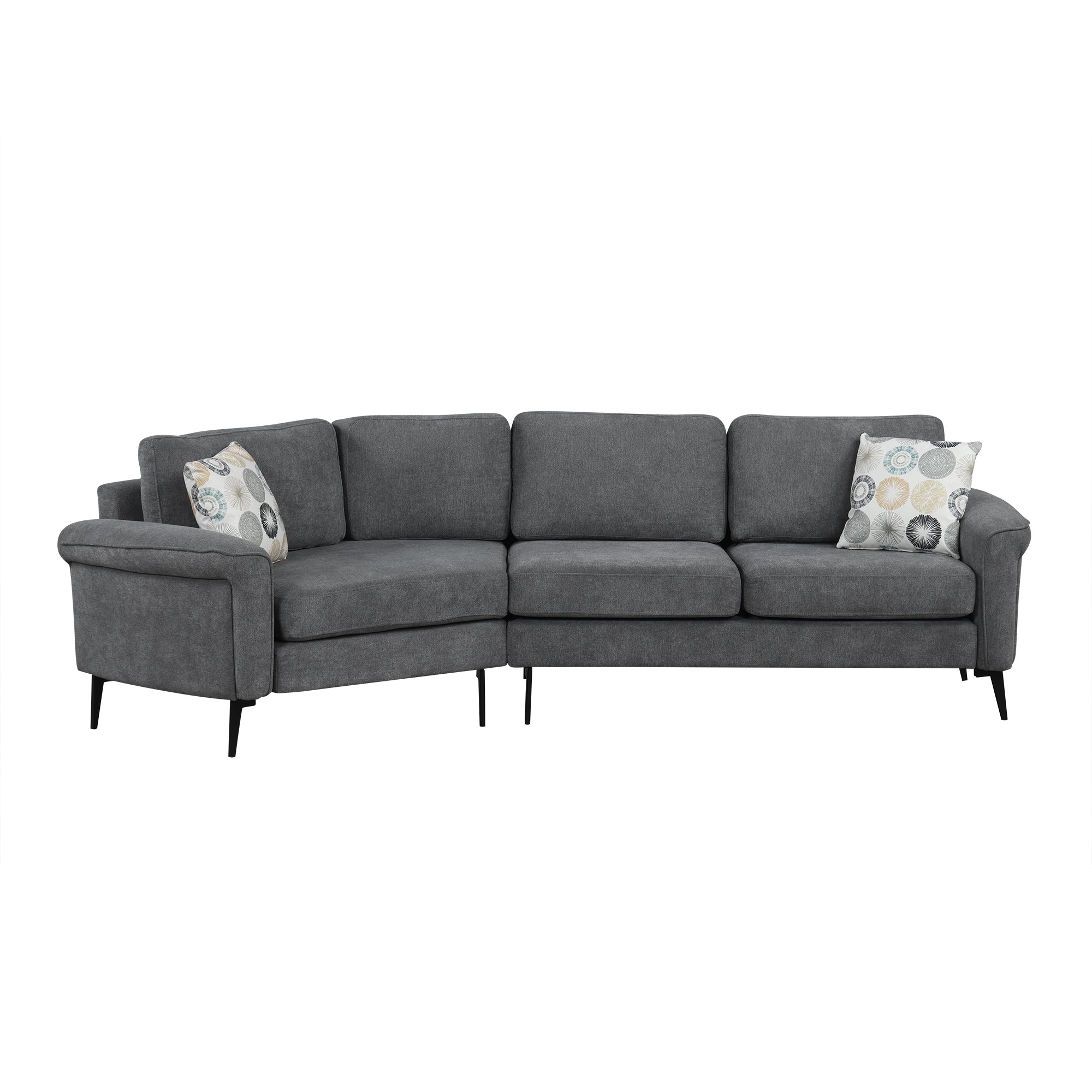 111' Upholstered 3-seater Sofa Curved Sofa Couch with Two Printed Pillows for Living Room, Dark Gray