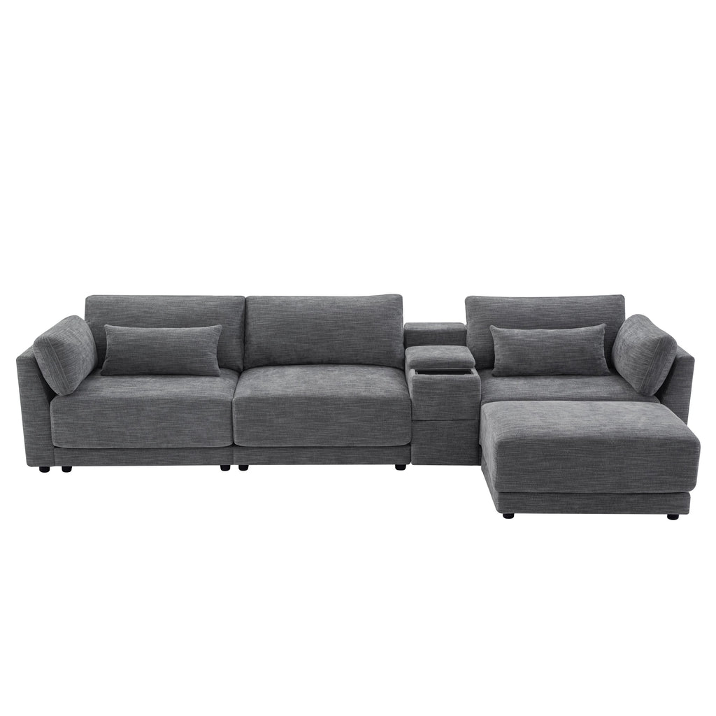 [VIDEO+NEW]124'' Modular Sectional Sofa with Storage Console and Movable Ottoman,33'' Wide Seat,4 Seat L Shaped Chenille Couch,Reversible Comfy Sofa with USB Charger for Living Room,Apartment,2 Colors
