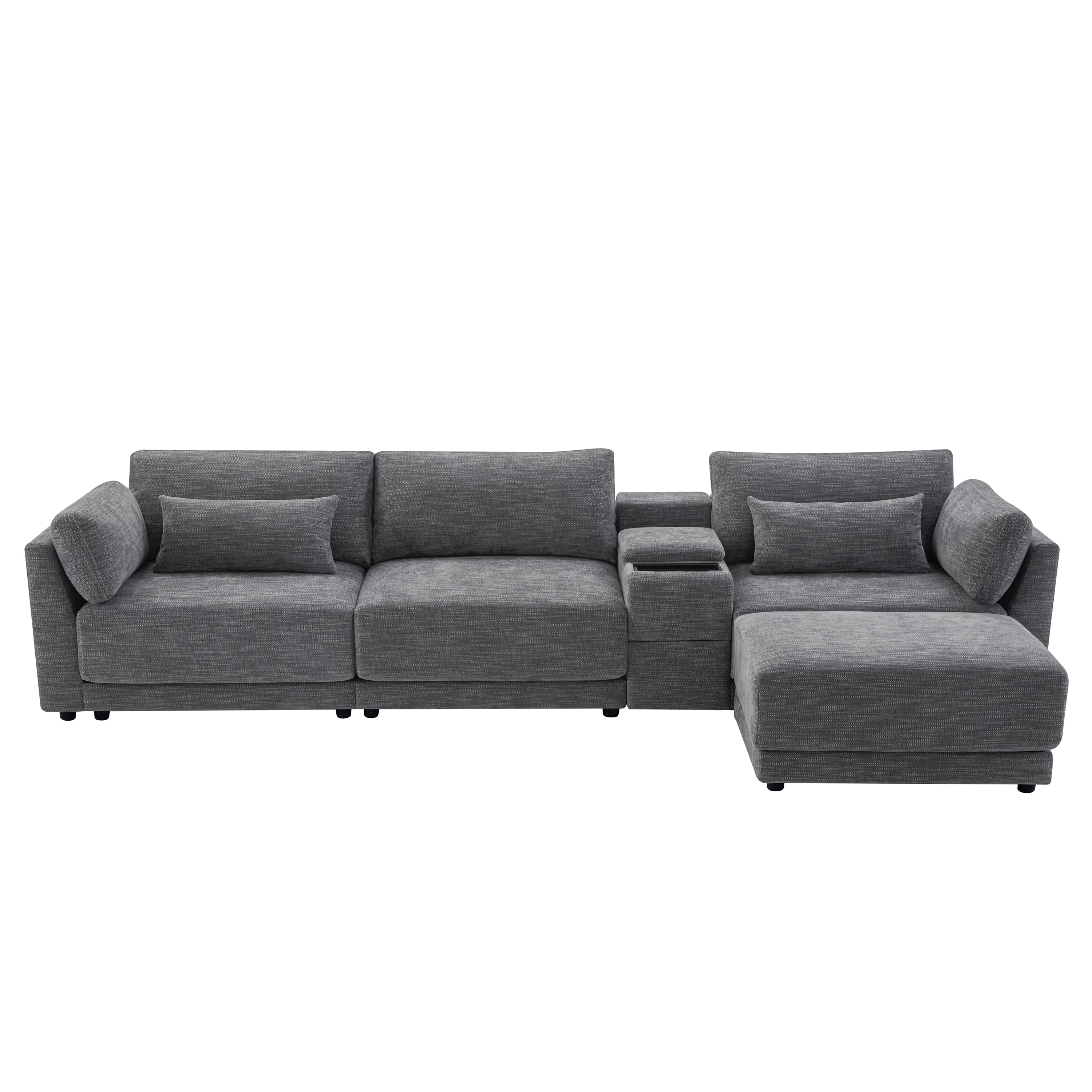 [VIDEO+NEW]124'' Modular Sectional Sofa with Storage Console and Movable Ottoman,33'' Wide Seat,4 Seat L Shaped Chenille Couch,Reversible Comfy Sofa with USB Charger for Living Room,Apartment,2 Colors