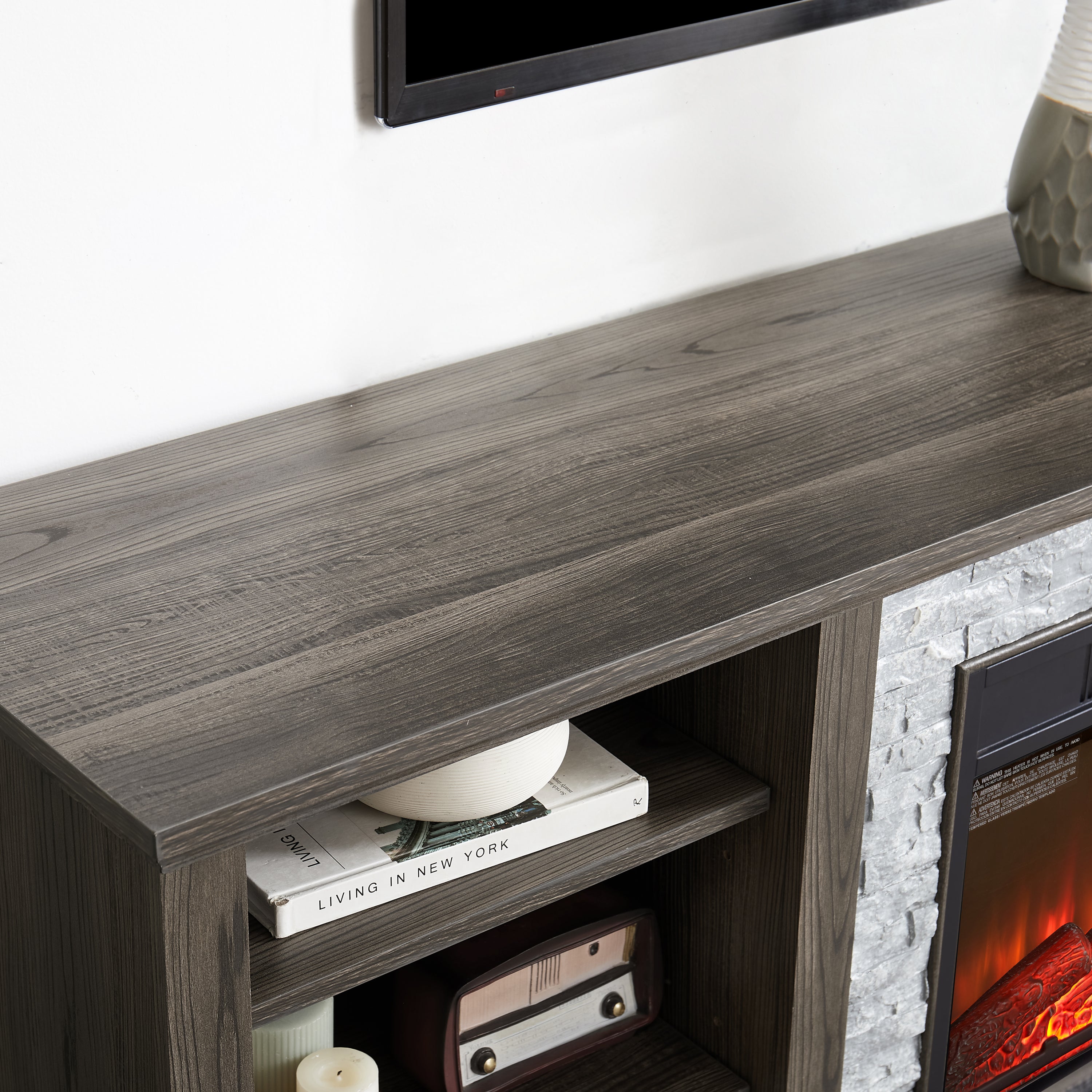 Mantel Electric Fireplace Stone TV Media Stand with Faux Stacked Stone Surround, Modern Entertainment Console with Open Storage Space with 18' Fireplace Insert ,Grey, 58.31'W*15.39'D*26.06'H