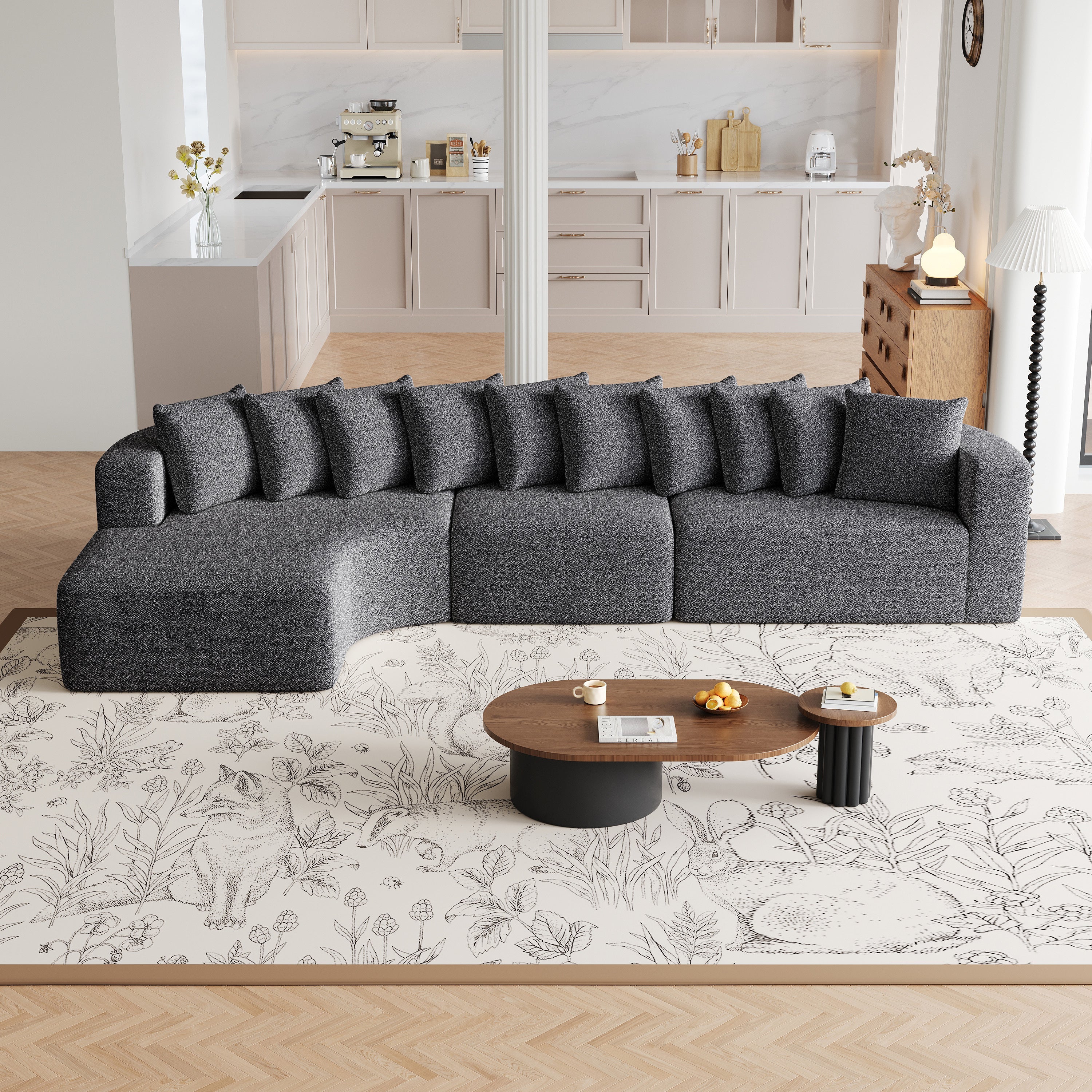 131.1-inch Chenille Sectional Sofa Set, Modern Cloud-Shaped Curved Sofa, Includes 10 Pillows, Living Room Fabric Corner Sofa, L-Shaped Modular Sofa (Left Chaise)