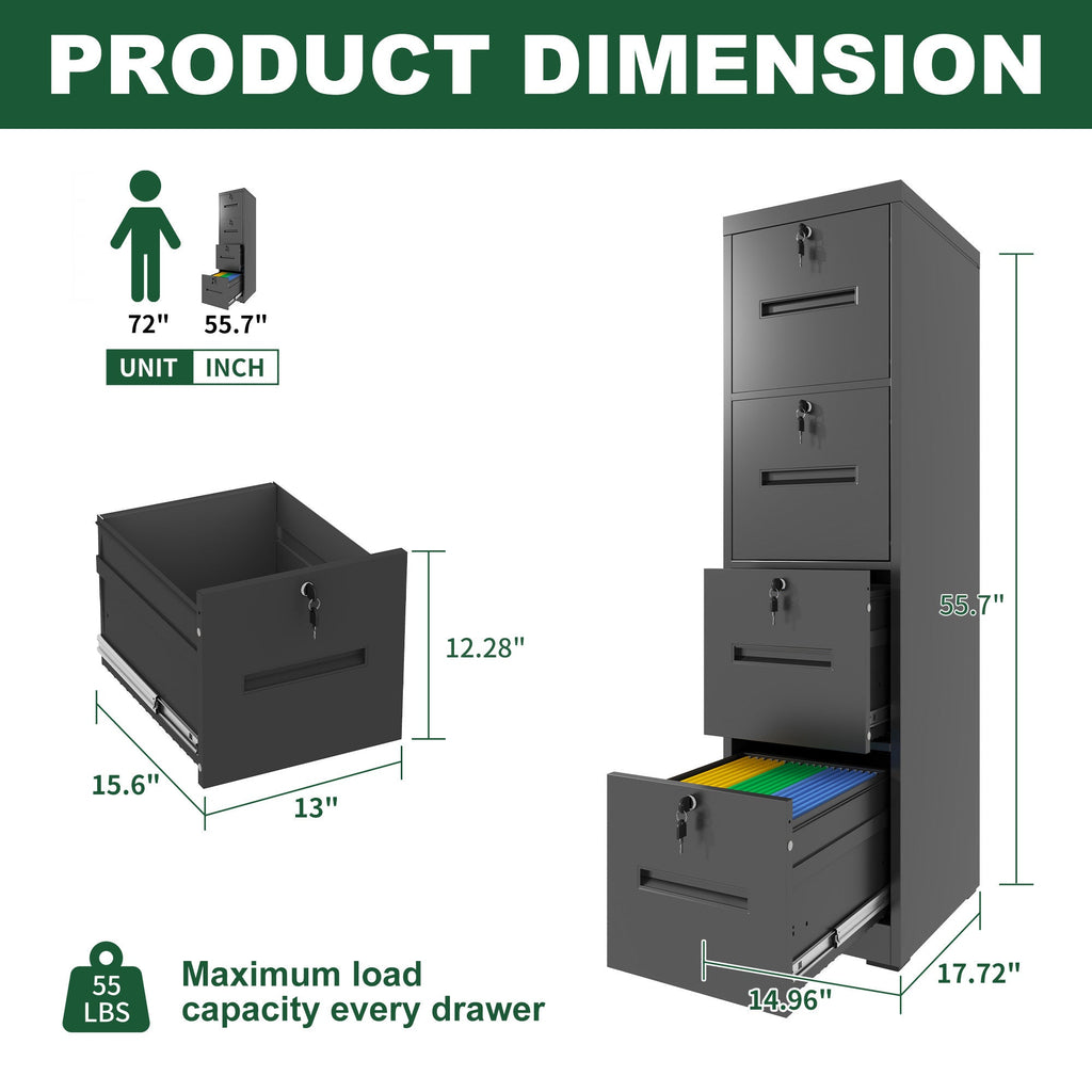 Modern Black 4 Drawer Metal Vertical Filing Cabinets with Lock for Home Office, Steel Construction, Letter/Legal/A4/F4 Size