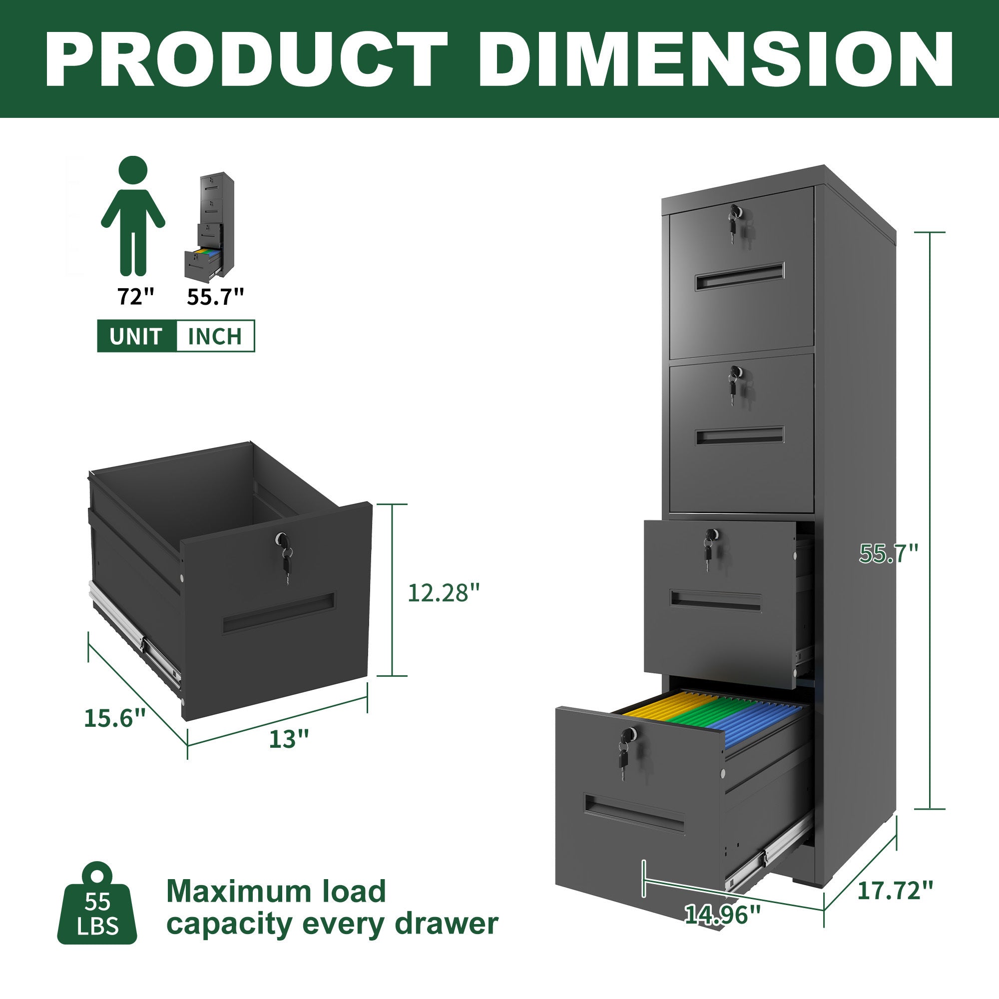 Modern Black 4 Drawer Metal Vertical Filing Cabinets with Lock for Home Office, Steel Construction, Letter/Legal/A4/F4 Size