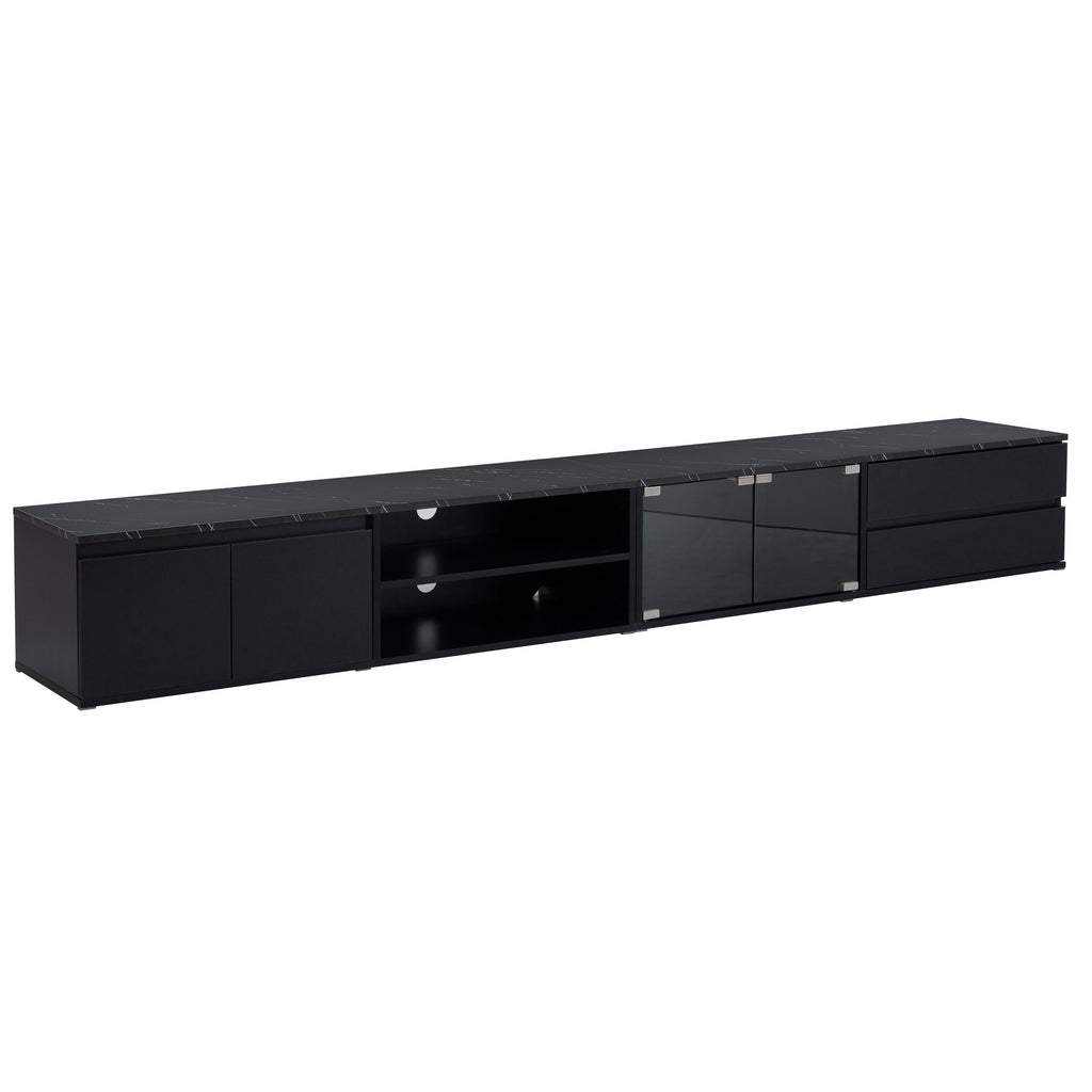 ON-TREND Modern APP Controlled LED TV Stand for TVs Up to 105'', Faux Marble Tabletop Media Console with Tempered Glass Doors, Entertainment Center with 2 Drawers & Cabinets for Living Room, Black