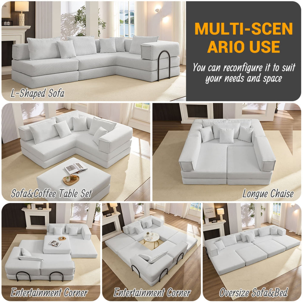 Oversized Upholstered Sectional Sofa Couch Set, Modular 118.2 ' L Shaped Floor Living Room Sofa Set With 6 Pillows, DIY Combination Sofa Couch for living rooms, apartments,bedrooms, White