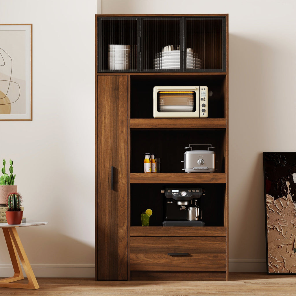 70.87' Tall Kitchen Pantry Cabinet with multi-functional pull-out multi-tier storage shelf, 1 Drawers,with Aluminum frame glass door,Freestanding Food Hutch with Microwave Stand for Dining Room