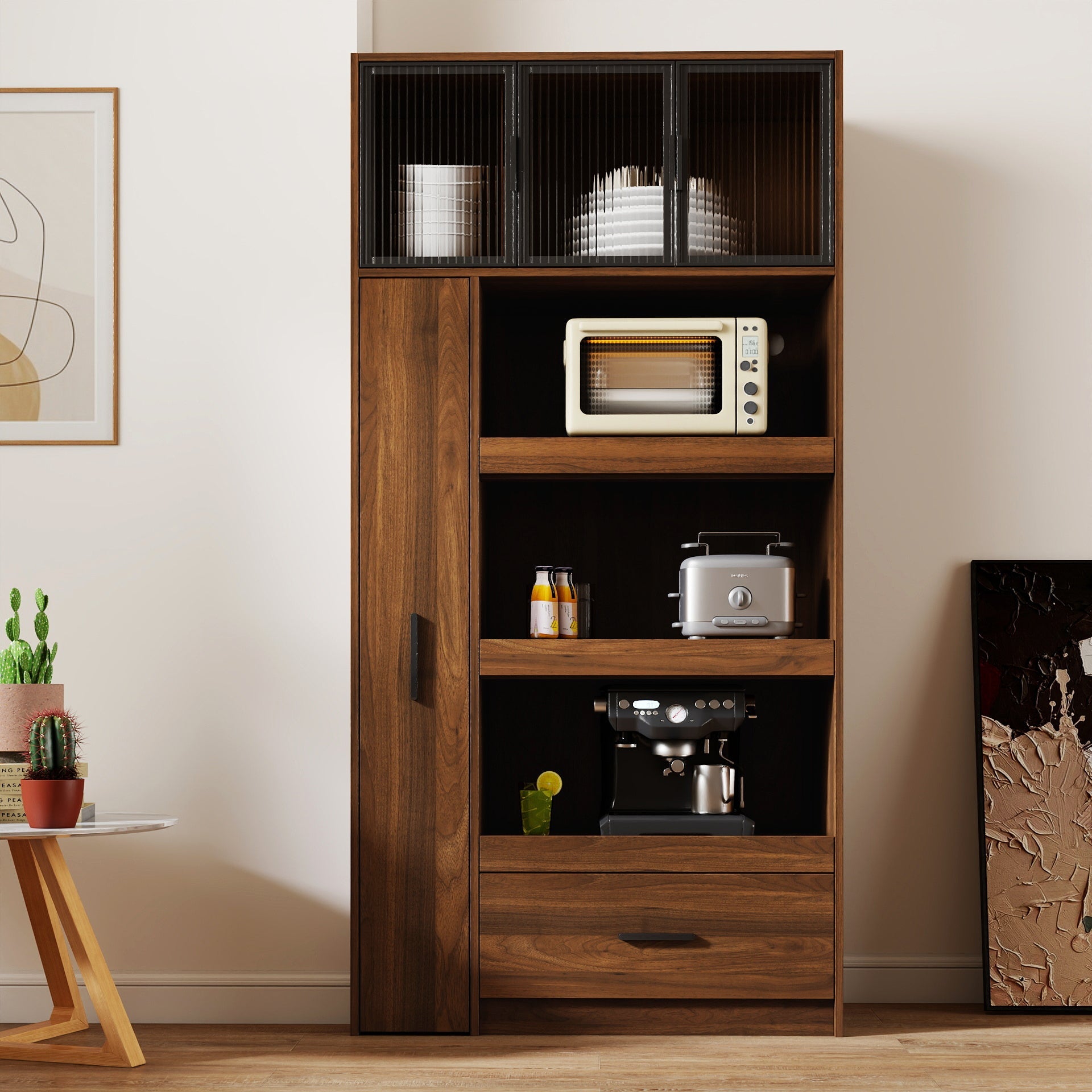 70.87' Tall Kitchen Pantry Cabinet with multi-functional pull-out multi-tier storage shelf, 1 Drawers,with Aluminum frame glass door,Freestanding Food Hutch with Microwave Stand for Dining Room