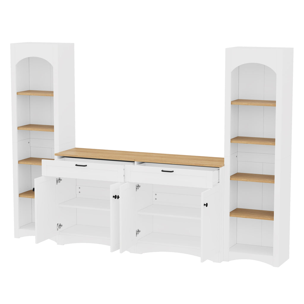 ON-TREND 3-Piece Farmhouse Entertainment Center with Storage Cabinet for TVs Up to 70', Mid-Century TV Stand with Bookshelf, Rustic Versatile Sideboard with Adjustable Shelves for Living Room, White