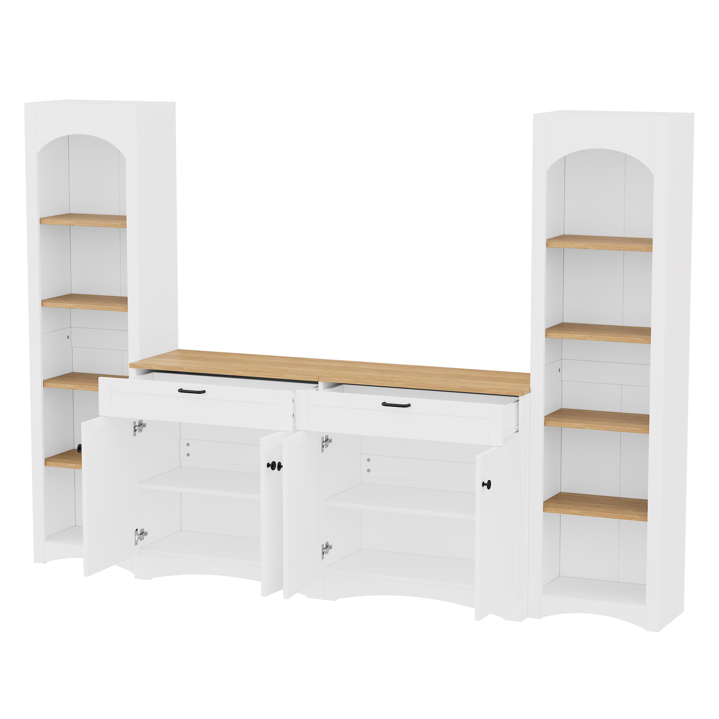 ON-TREND 3-Piece Farmhouse Entertainment Center with Storage Cabinet for TVs Up to 70', Mid-Century TV Stand with Bookshelf, Rustic Versatile Sideboard with Adjustable Shelves for Living Room, White