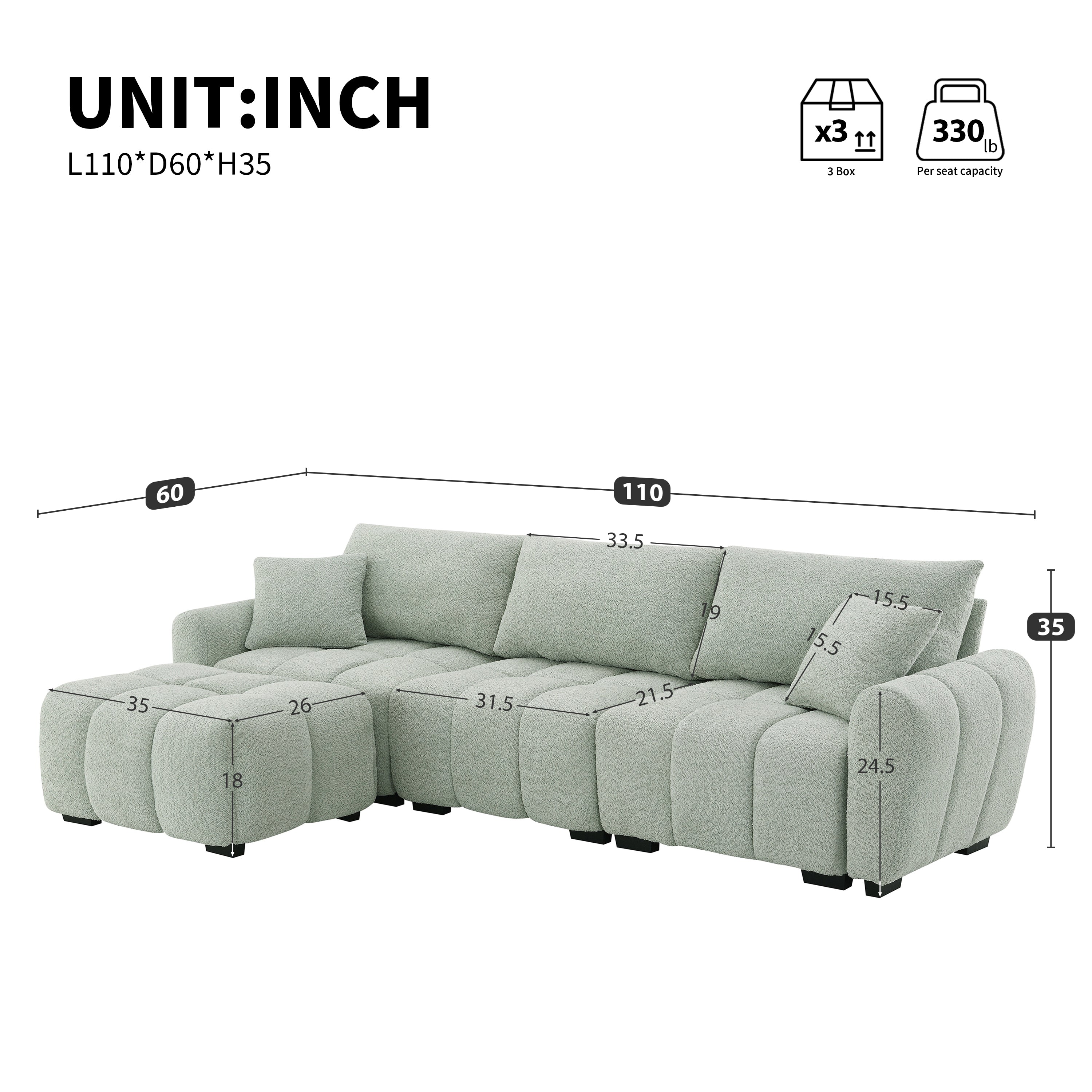 [VIDEO] 110' Modular Sectional Sofa, L Shape with Extra-large Seat, Pull-line Design, Movable Ottoman, High Density Foam, Free Combination, Sturdy Metal&Wood Frame, Boucle Fabric, 3 Colors