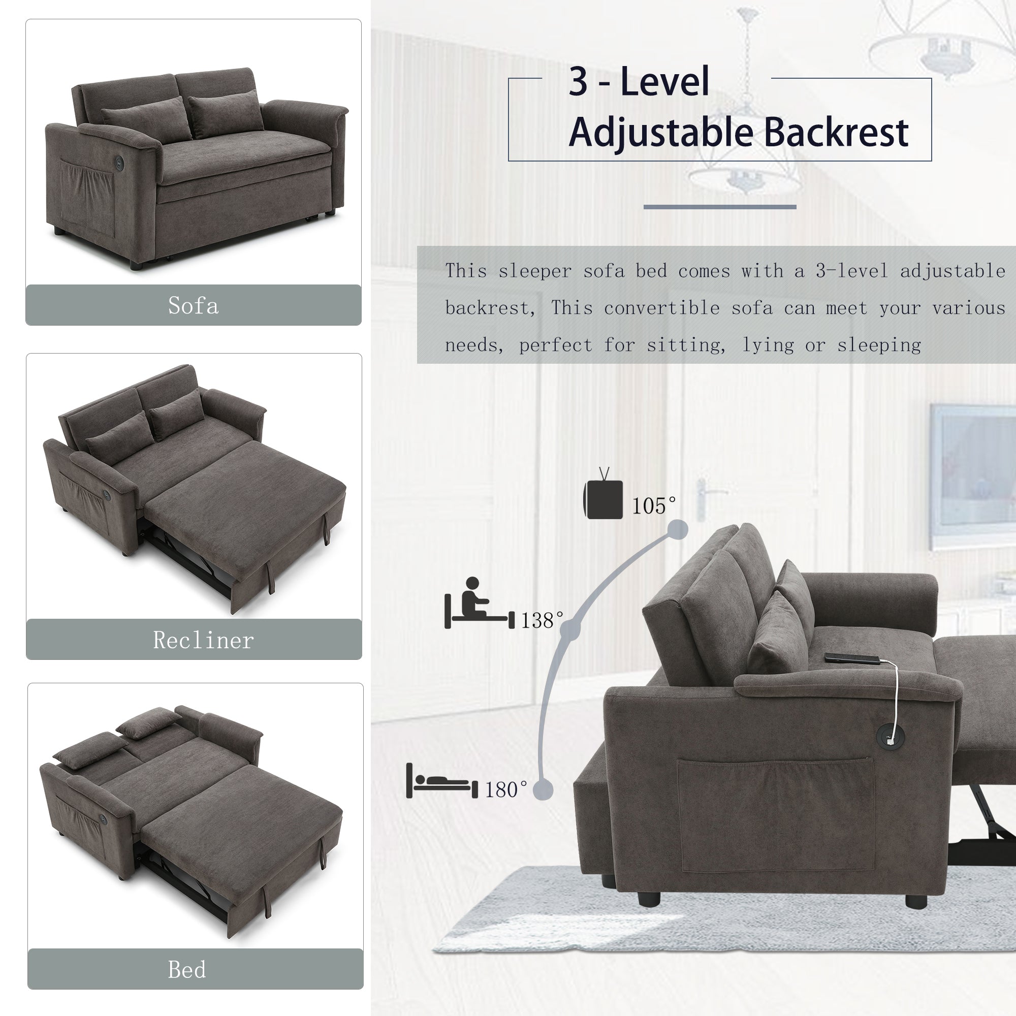 55' Velvet Two Seater Pull Out Sofa Bed, Adjustable Backrest With  USB Ports, Two Side Pockets, 3 in 1 Convertible Sleeper Sofa Bed, Modern Love Seat Lounge,2 waist pillows for living rooms,GREY