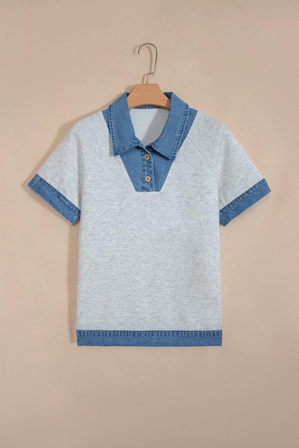 Denim Contrast Collar Cuffed Short Sleeve Top