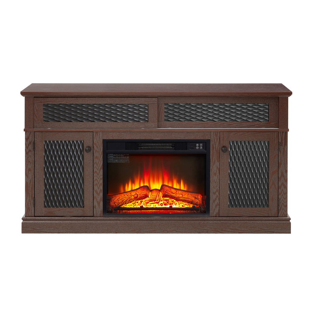 Embossed Pattern TV Stand with 23' fireplace insert,, TV and Media Console with Open and Closed Storage Space and sliding door for Living Room & Bedroom, Dark Cherry, 58.27'W*15.35'W*31.7H