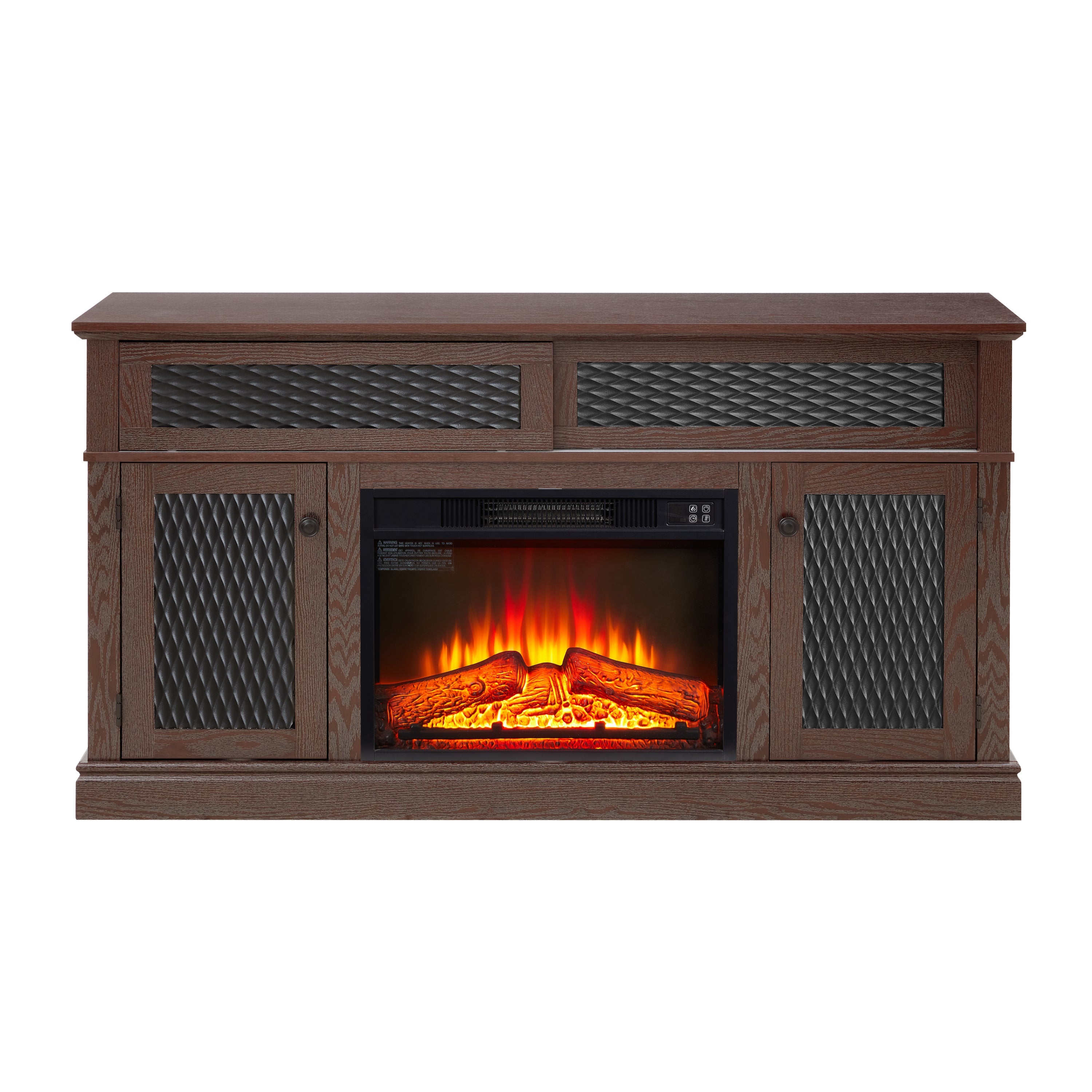 Embossed Pattern TV Stand with 23' fireplace insert,, TV and Media Console with Open and Closed Storage Space and sliding door for Living Room & Bedroom, Dark Cherry, 58.27'W*15.35'W*31.7H