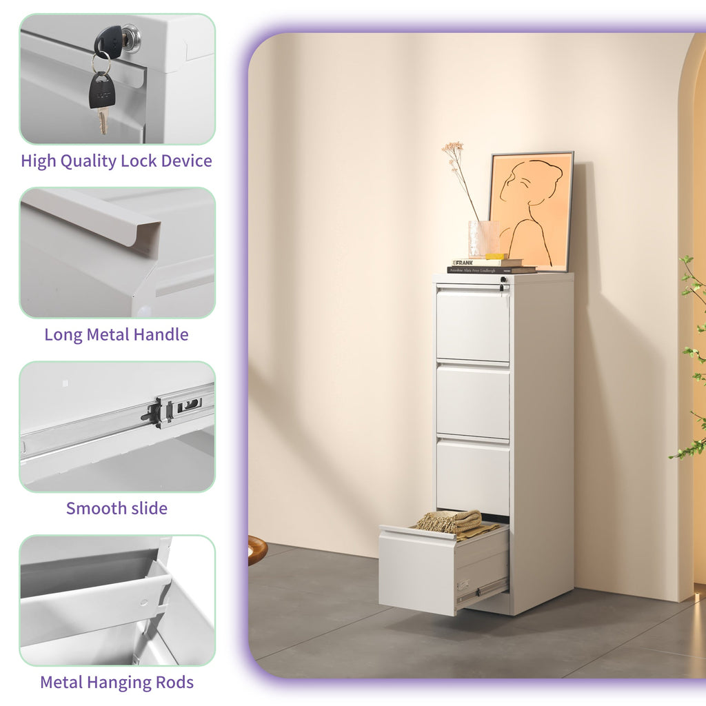 SteelCraft Pro 4 Drawer Vertical File Cabinet with Lock for A4 Legal/Letter Size, White Metal