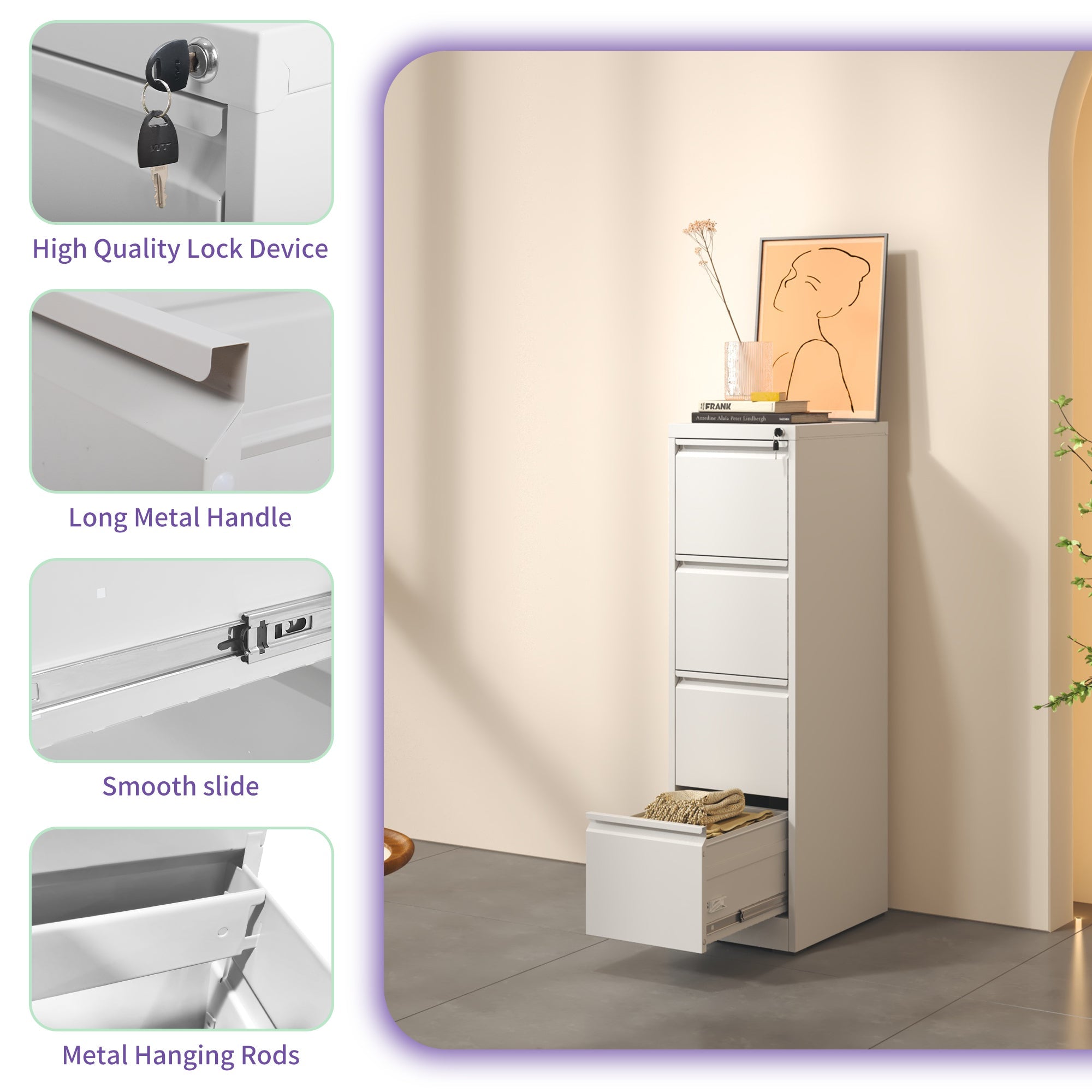 SteelCraft Pro 4 Drawer Vertical File Cabinet with Lock for A4 Legal/Letter Size, White Metal