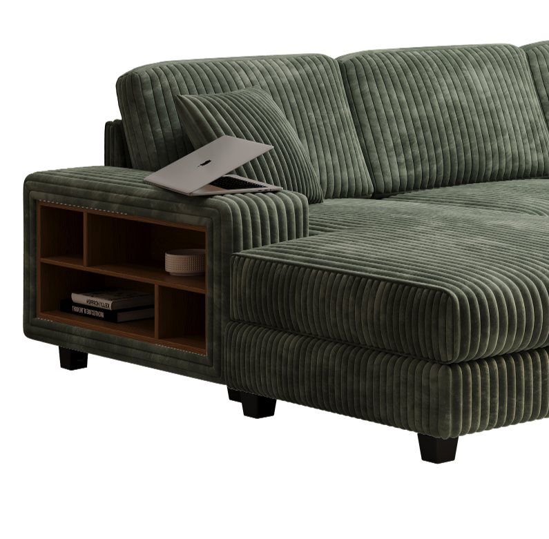 Convertible U-shaped Combination Sofa, Corduroy Fabric, Modern Comfortable Large Size 4 Seat Sofa, Living Room Double Lounge Chair ,Green