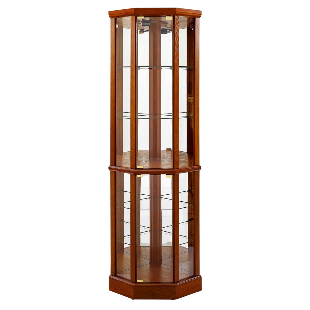 6 Shelf Lighted Corner Curio Cabinet with Adjustable Tempered Glass Shelves and Mirror Back, Oak
