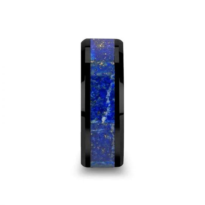 MARLOW Men’s Polished Black Ceramic Wedding Band with Blue Lapis Inlay & Beveled Edges - 8mm