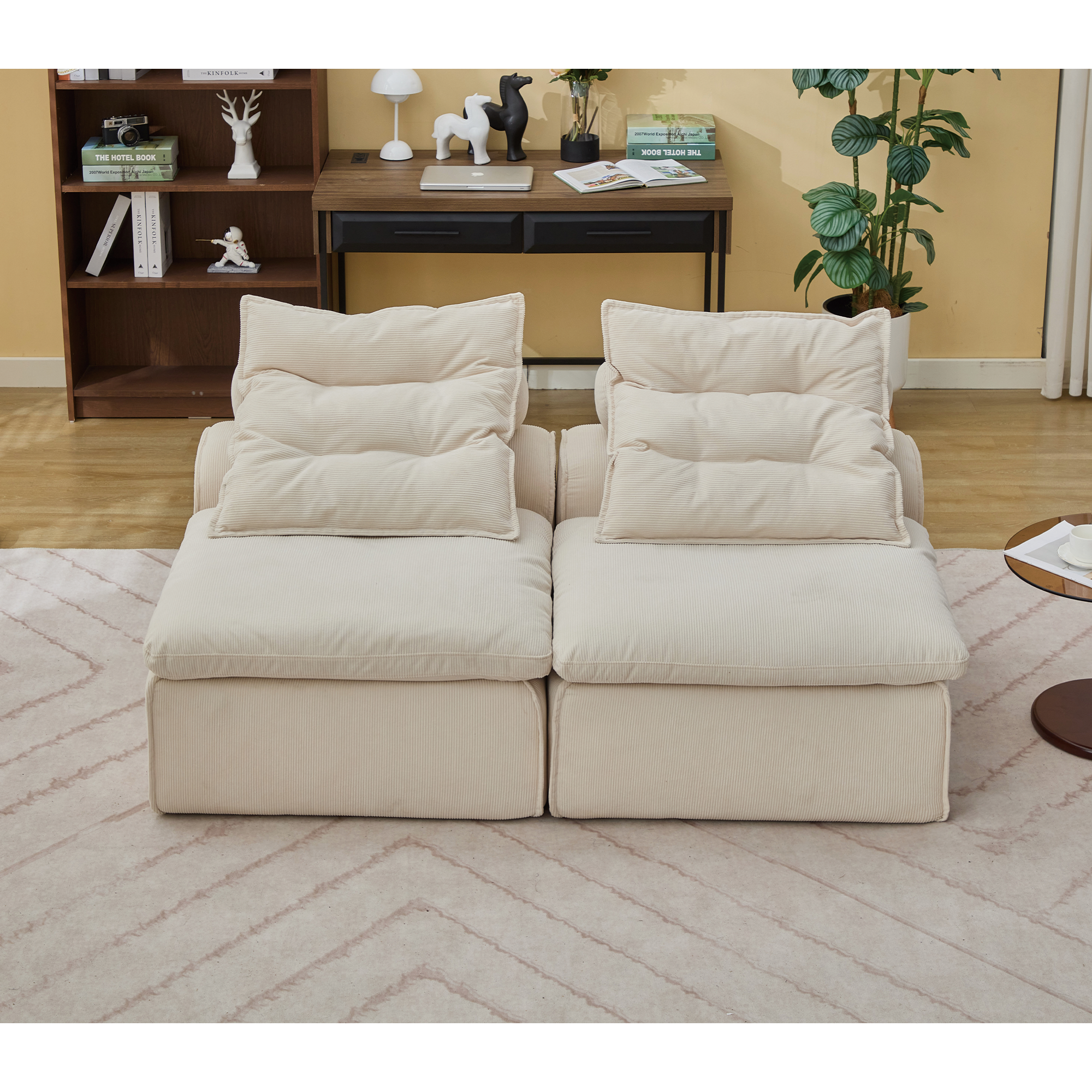 [NEW ARRIVED] [VIDEO PROVIDED]Modular Sofa,No Armrests,At will DIY,Soft Corduroy Fabric,Neck Pillow-Back Lounge Sofa Chair,Reading Nook, or Apartment Living, Lumbar Pillow,2 Seats,Upholstered,Beige