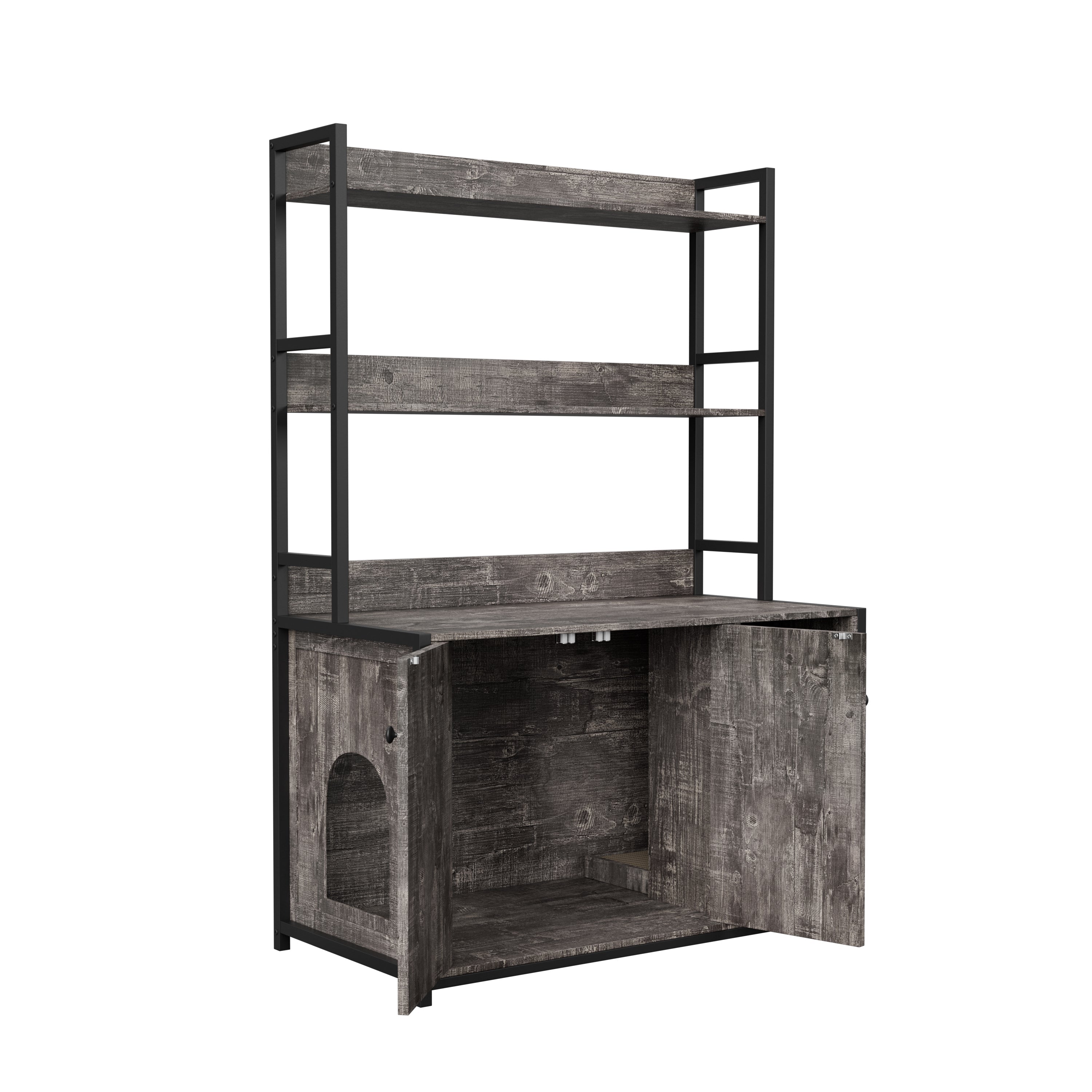 Large Cat Litter Box Enclosure With Shelf Storage, Hidden Cat Washroom Furniture, Wooden Cat House With Scratch Pad, Sturdy Indoor Cat Cabinet With 2 Doors(Grey)
