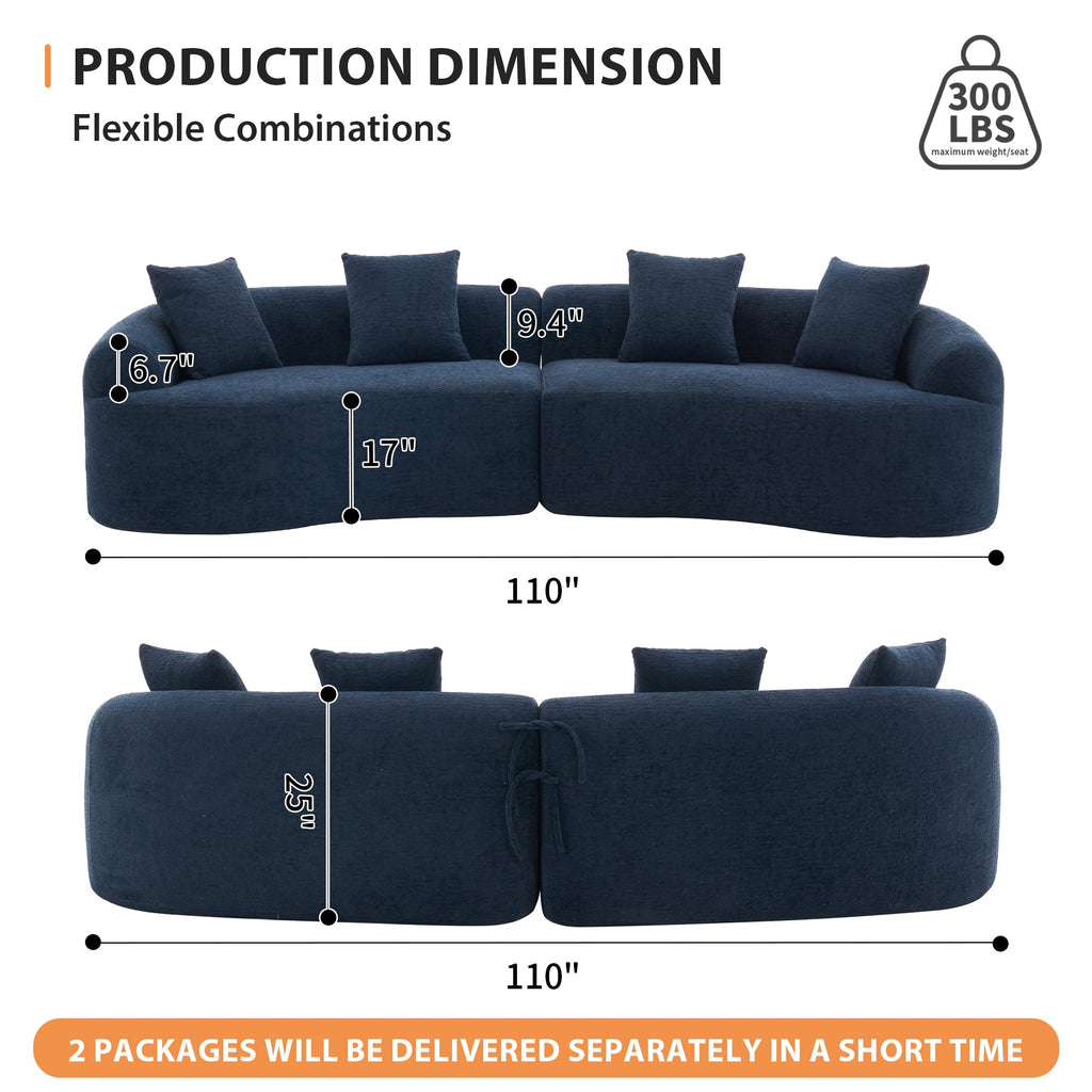Compression Sponge Sofa Blue Curved Modular Sectional, 30D High-Density Chenille Sleeper Couch for Apartment, Living Room,110'L