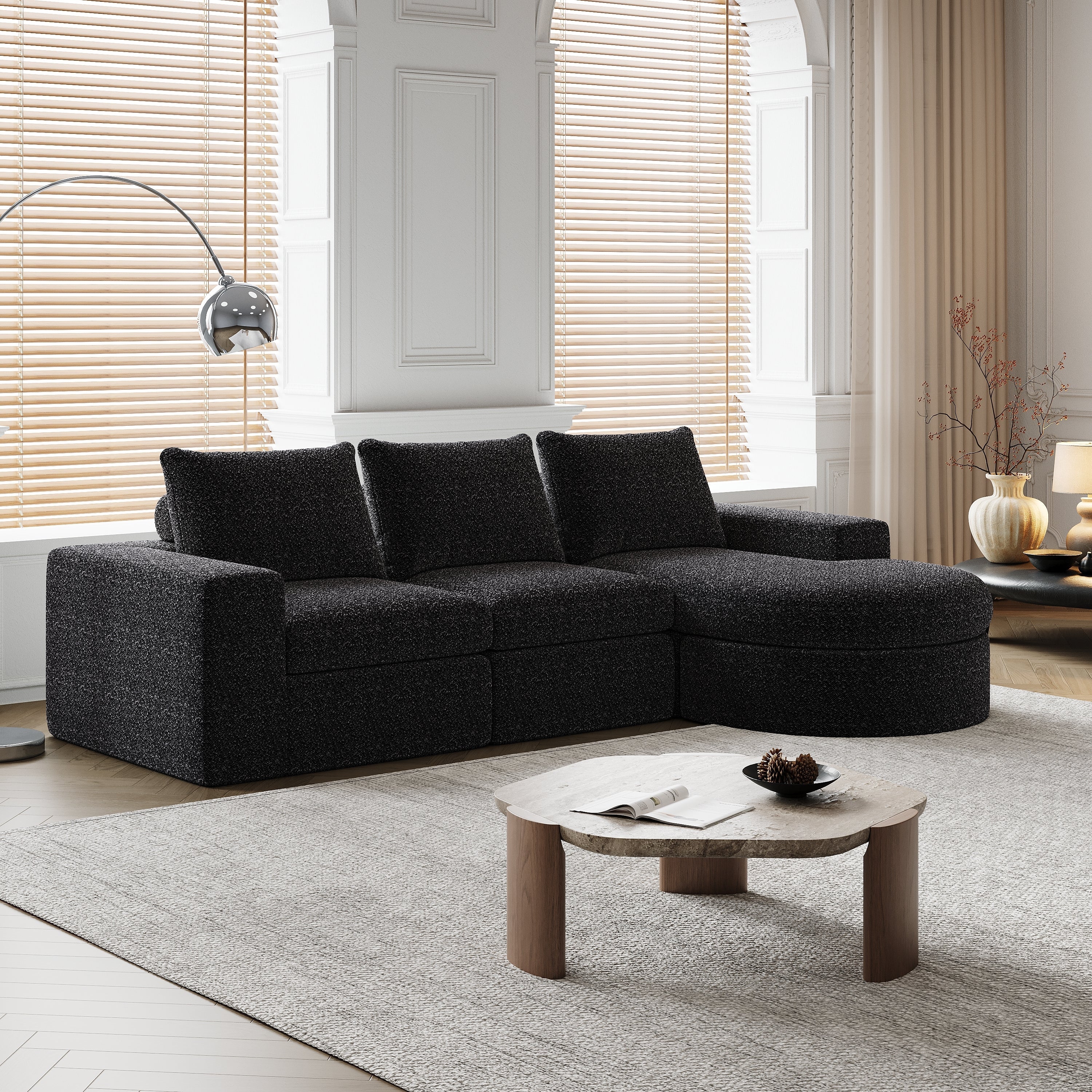 99-Inch Chenille Cloud Curved Sectional Sofa with Chaise, L-Shaped Modern Boneless Couch with Deep Seats, Chenille Sectional Sofa for Living Room and Bedroom, No Assembly Required