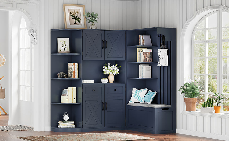 Multifunctional left-right combination hall cabinet (can be used separately) with storage and 4 hooks, storage cabinet/ hall tree 2 in 1 for living room, kitchen and hallway, antique blue