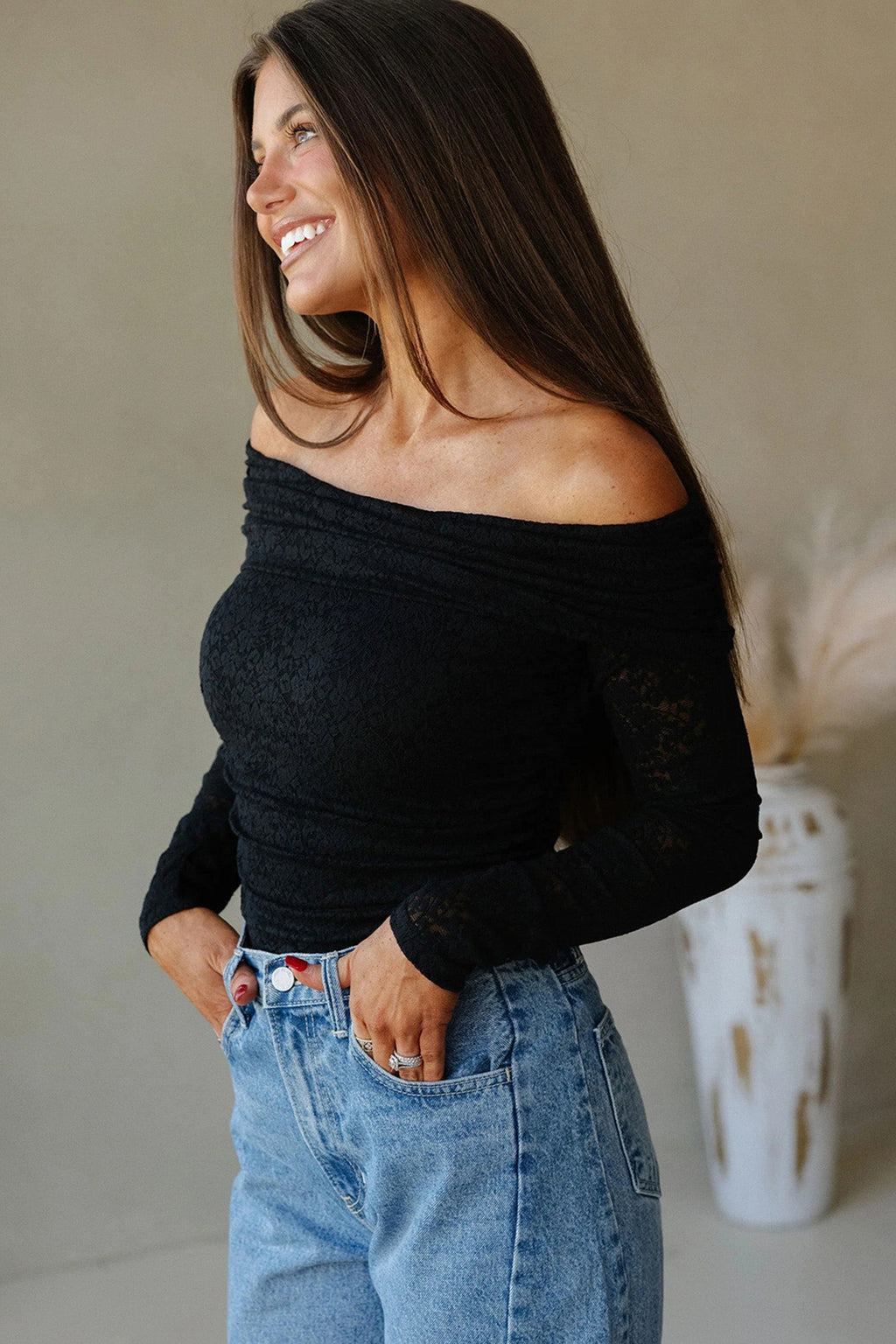 Floral Lace Off Shoulder Long Sleeve Top