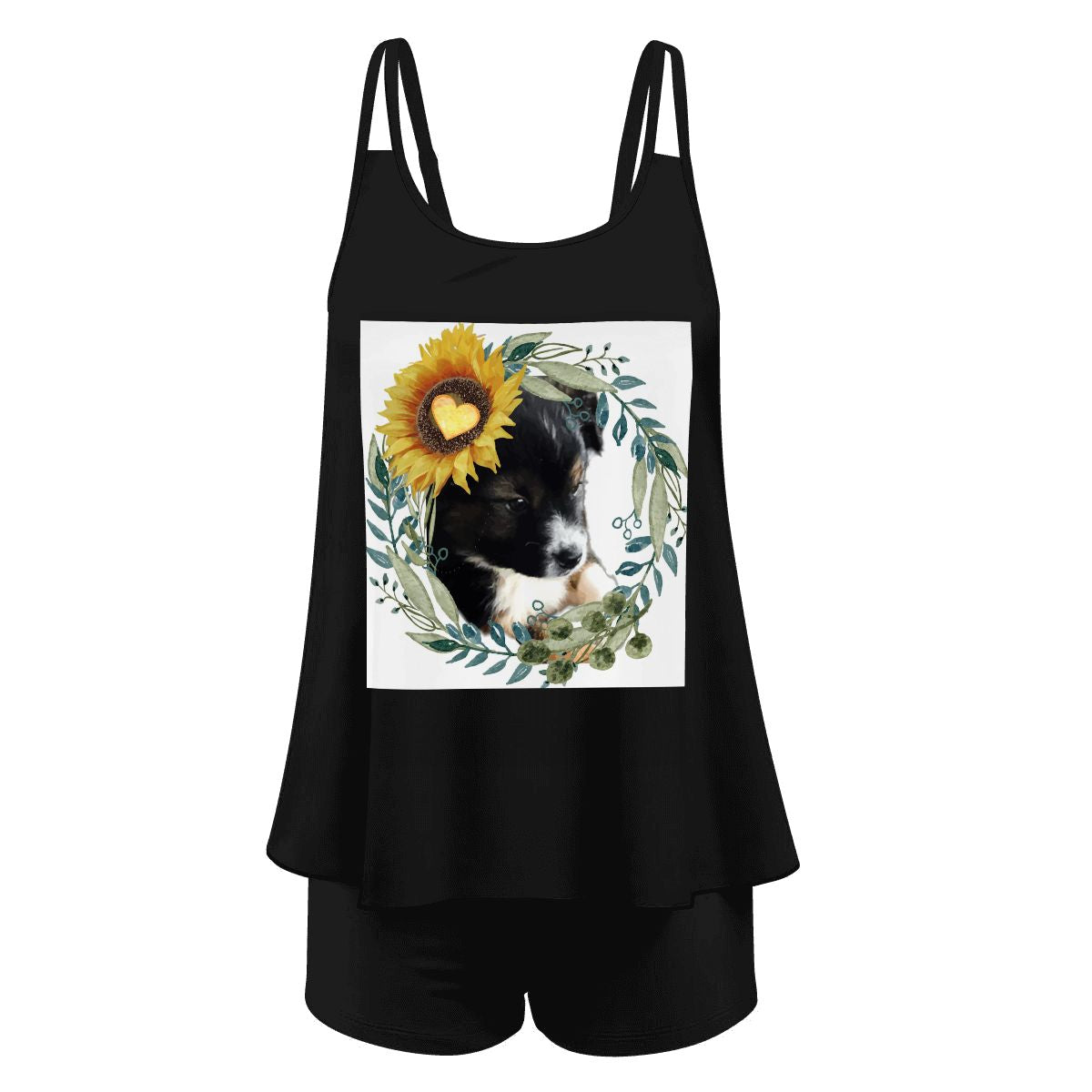 Women's Cute Black Puppy with Yellow Sunflower 2-piece Swimsuit with Straps(Made in USA)
