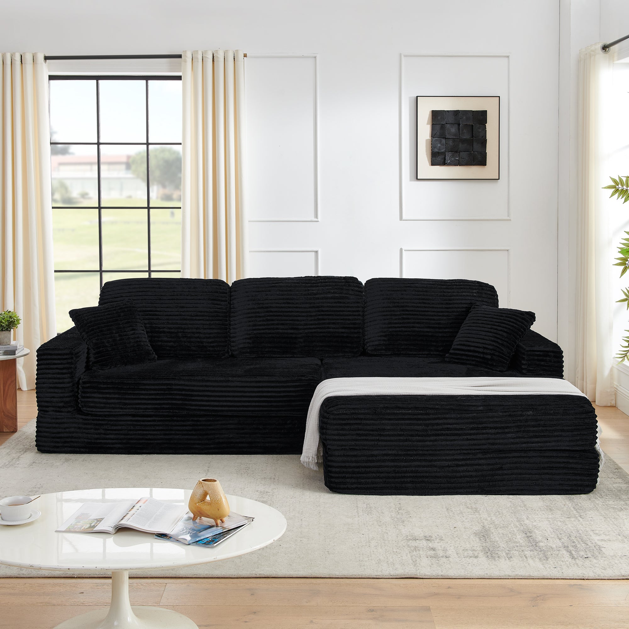 Modern Minimalist Style L Shape Modular Sectional Sofa with Corduroy Finish in Black