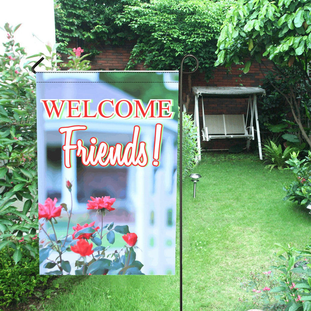 Welcome Friends Gazebo with Red Flowers Garden Flag - 12 x 18 inch (Made in USA)