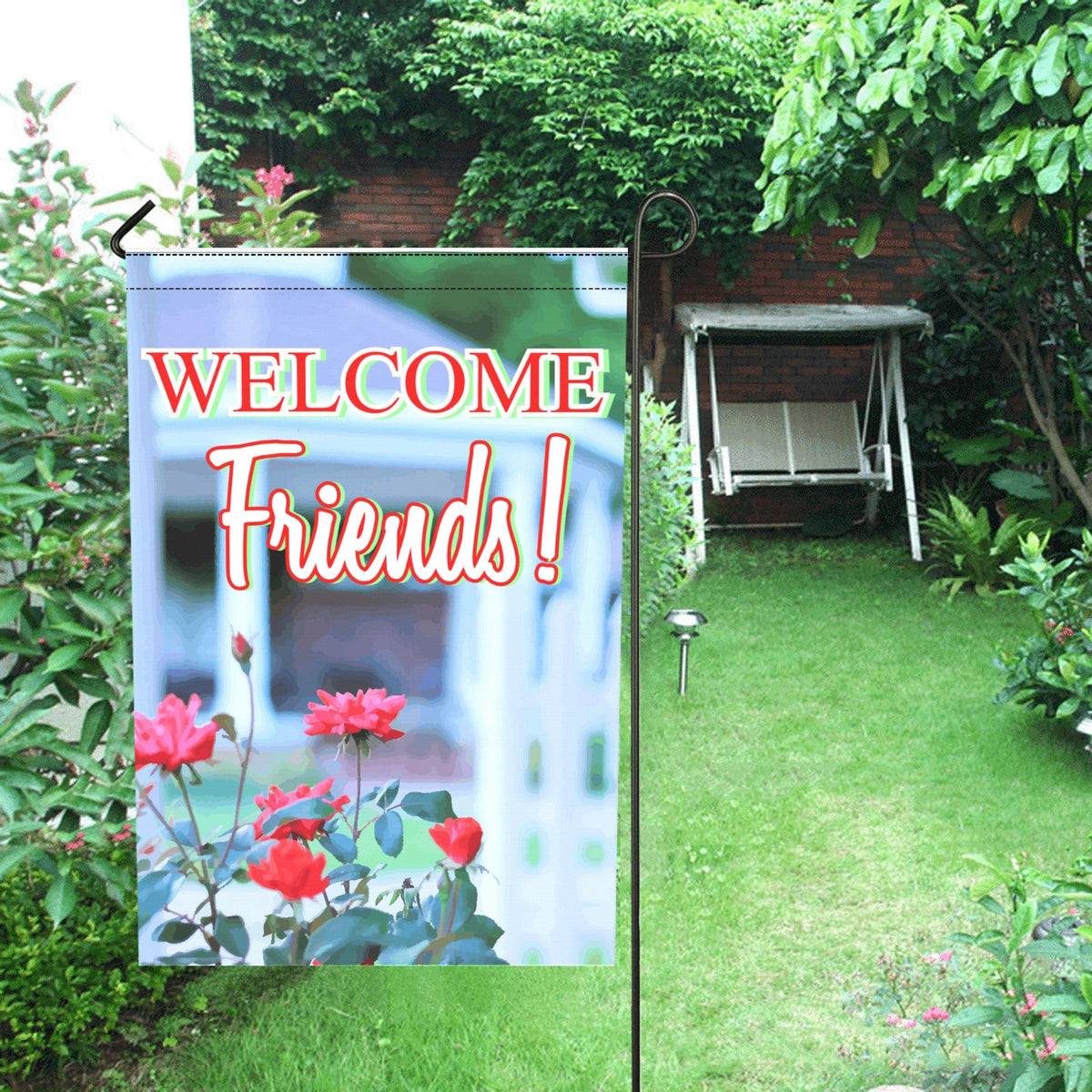 Welcome Friends Gazebo with Red Flowers Garden Flag - 12 x 18 inch (Made in USA)