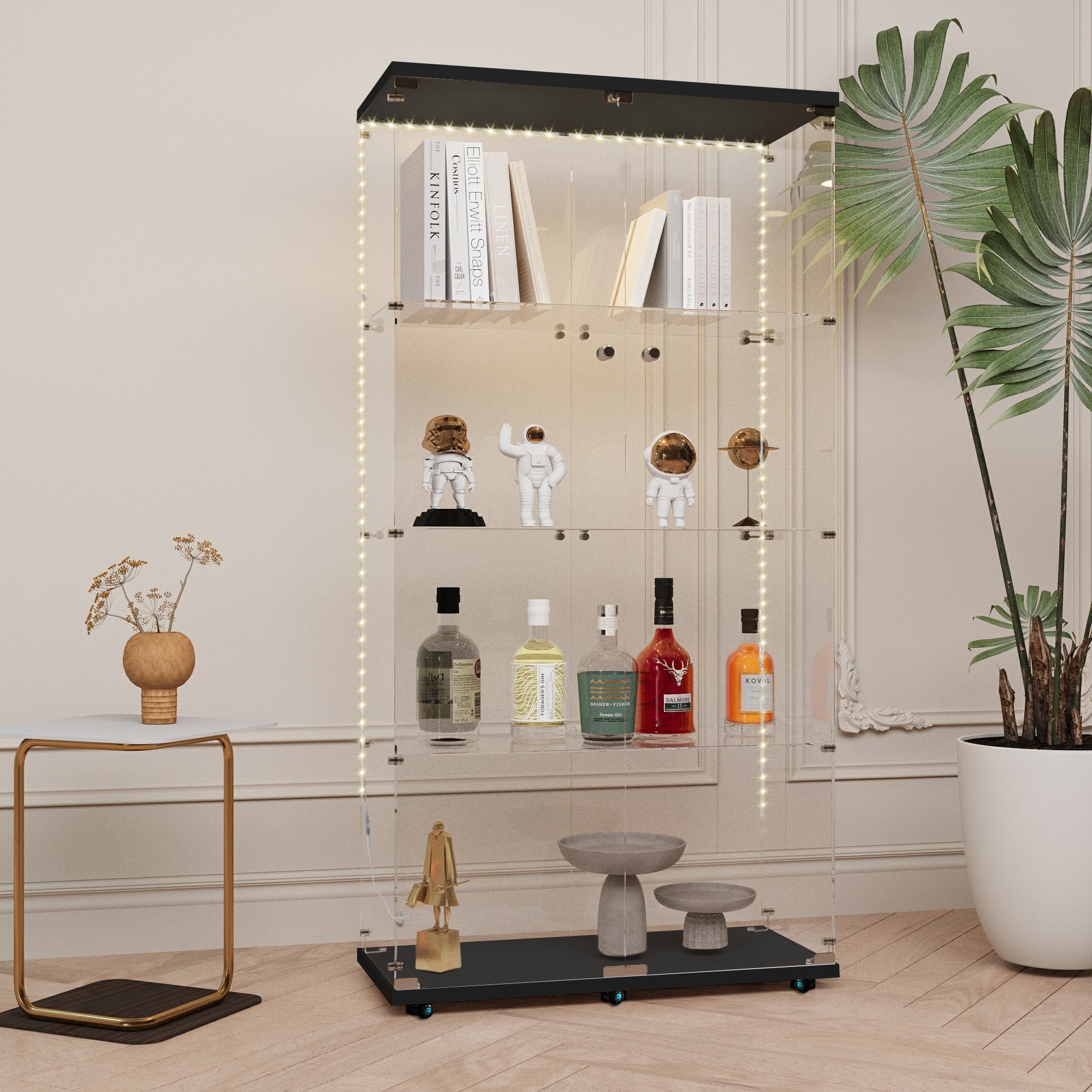Tempered glass display cabinet, wine cabinet,storage cabinet,file cabinet,with Bluetooth LED light strip,lock on the door,equipped with cast,easy to move,for living room, bedroom,hallway,Office,black
