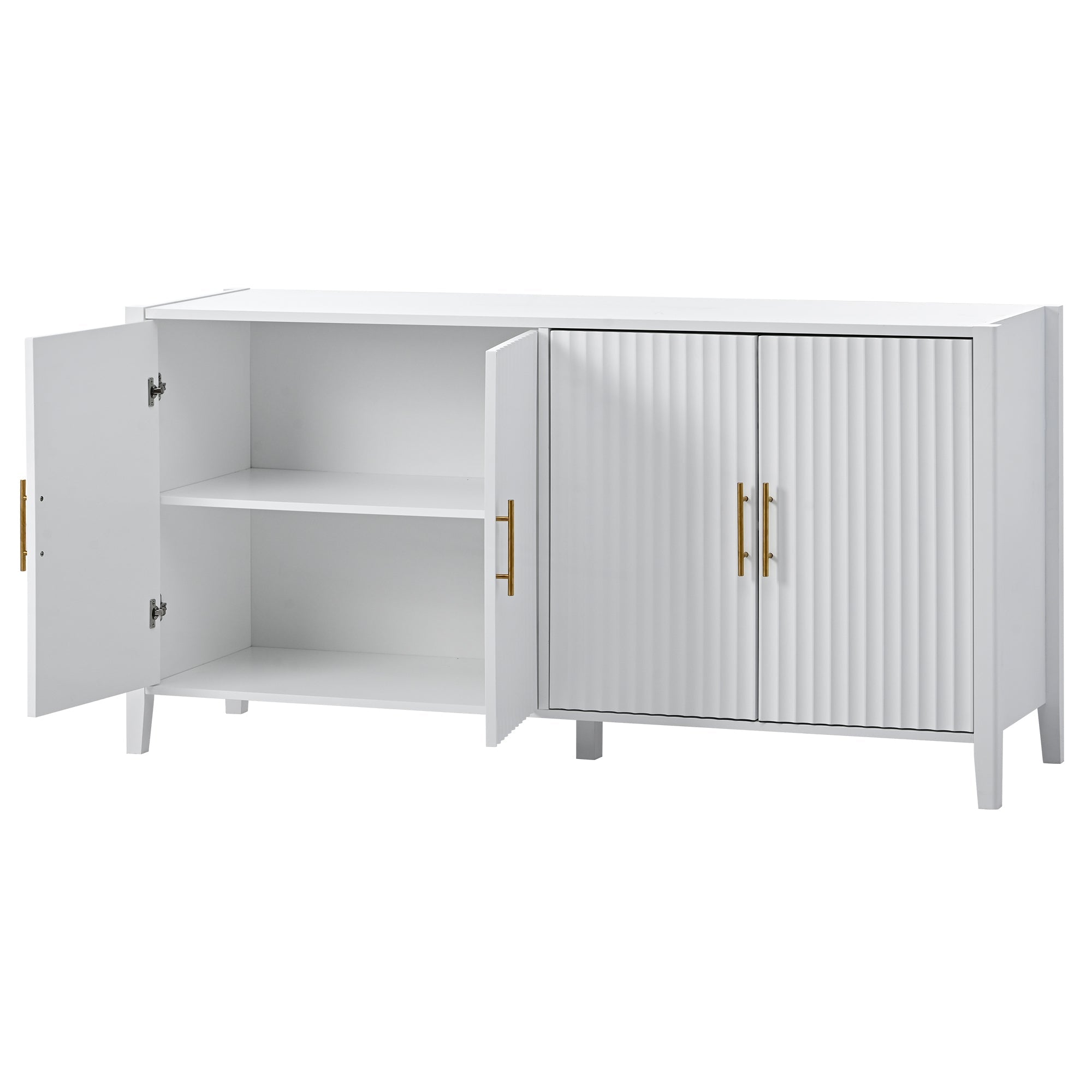 U_Style 63.1''Modern 4-Vertical Wavy Slatted Doors Sideboard,Storage Cabinet With Elegant Design, Solid Wood Legs with Painted,Metal Handles,for Dining Room,Living Room, Kitchen, or Entryway(White)