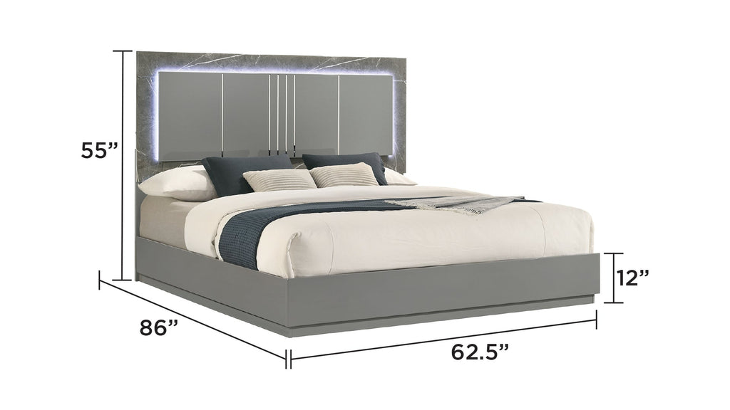 Elara Queen 5-Piece Set – Two-Tone High-Gloss Marble & Lacquer Finish with LED Lighting, Metal-Finished Legs, Spacious Storage- Gray (NJ Inventory)