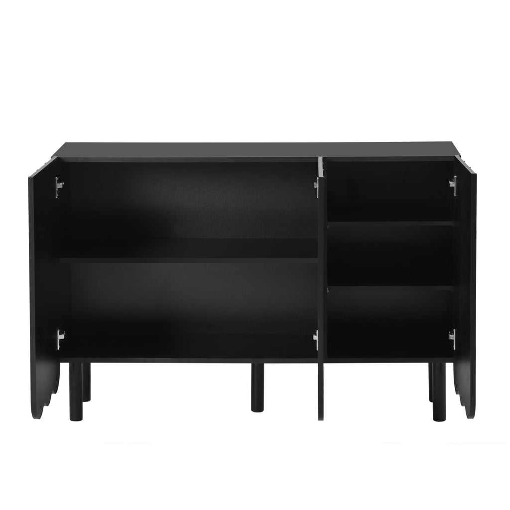 ON-TREND Cream Style Minimalist Shoe Cabinet with 5 Solid Wood Legs, Sideboard Buffet Cabinet with Adjustable Shelves, Large Storage Cabinet with Wave Doors for Living Room, Black