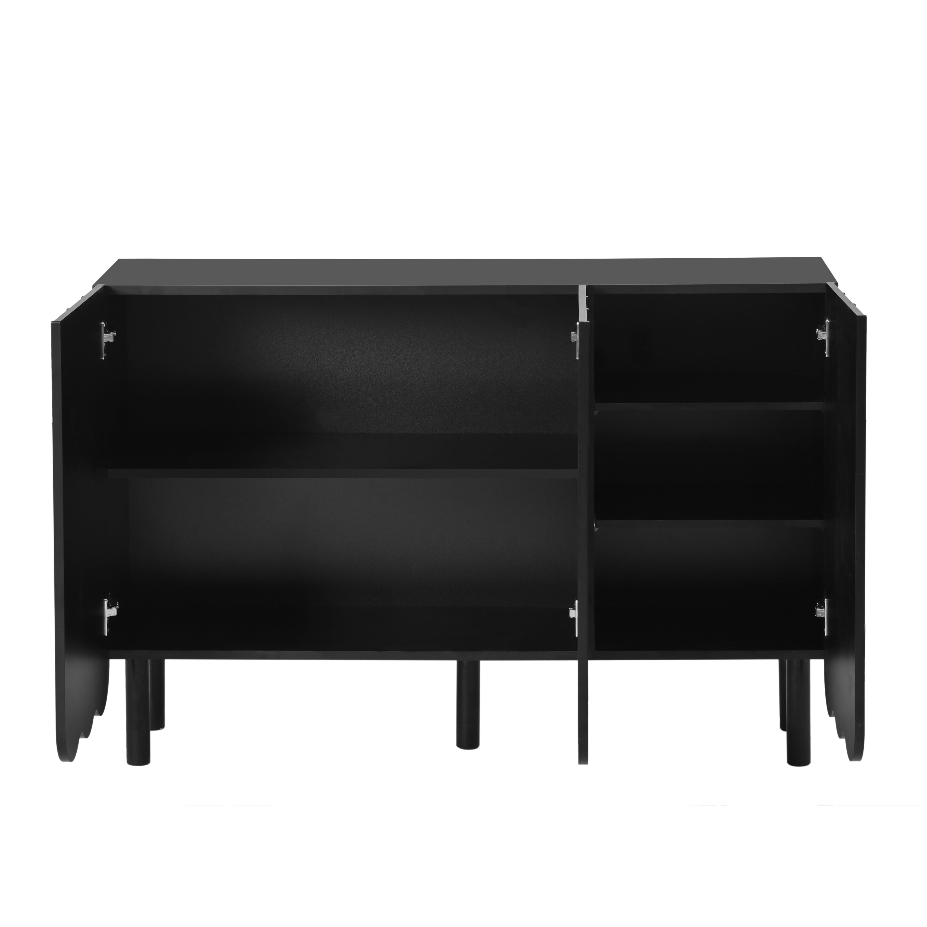 ON-TREND Cream Style Minimalist Shoe Cabinet with 5 Solid Wood Legs, Sideboard Buffet Cabinet with Adjustable Shelves, Large Storage Cabinet with Wave Doors for Living Room, Black