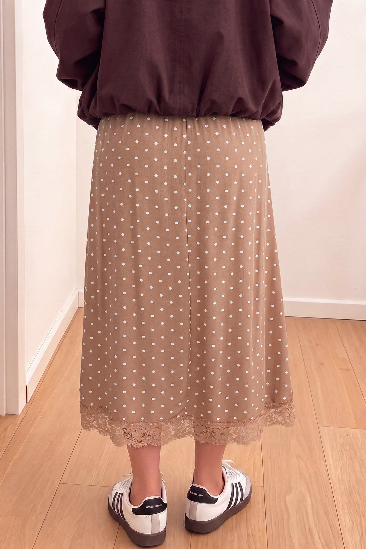 Polka Dot Lace Hem Midi Skirt