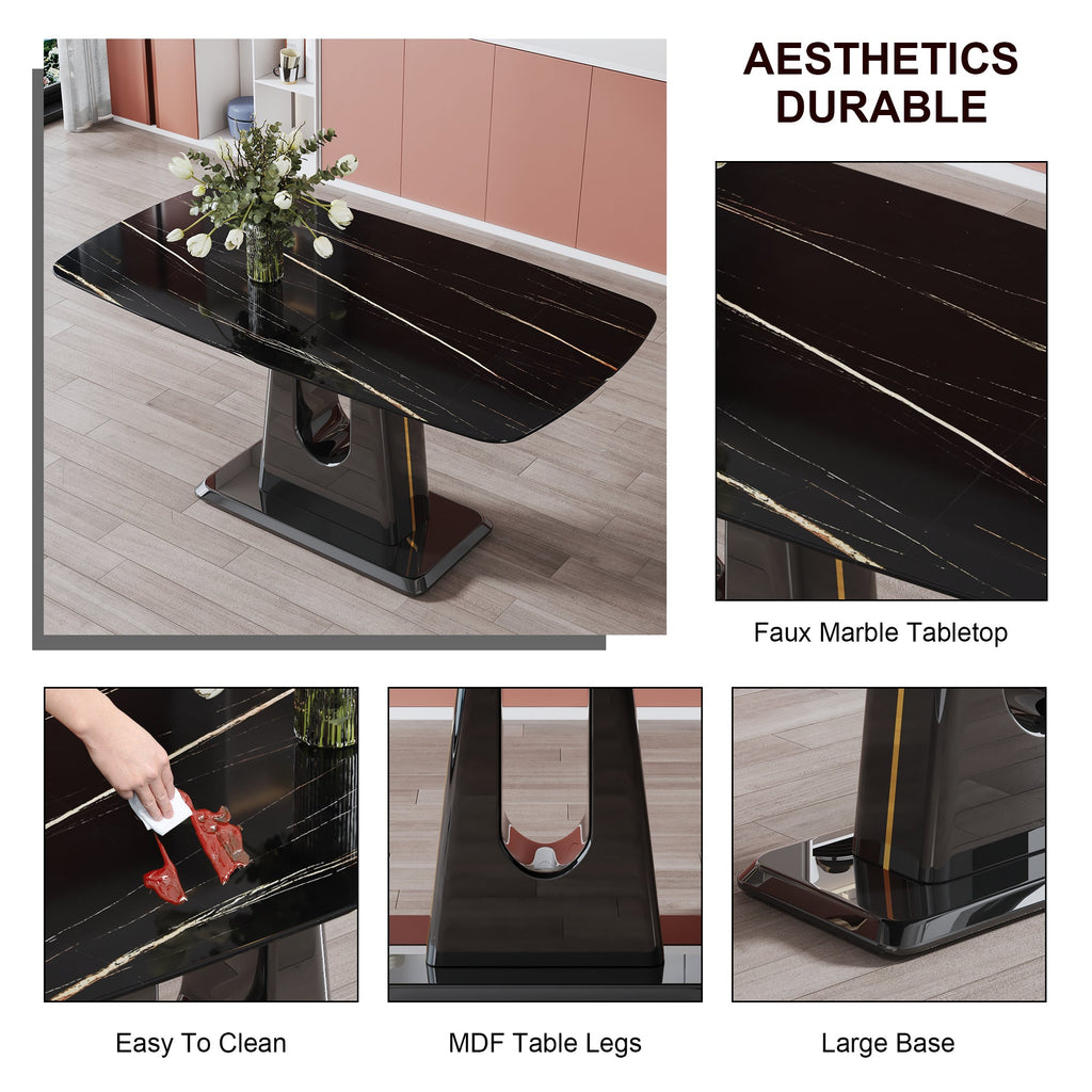 A modern, minimalist, and luxurious table. A black imitation marble tabletop with MDF U-shaped legs. Dining table, computer table. For restaurants and living rooms 63' * 35.4'* 30' F-U