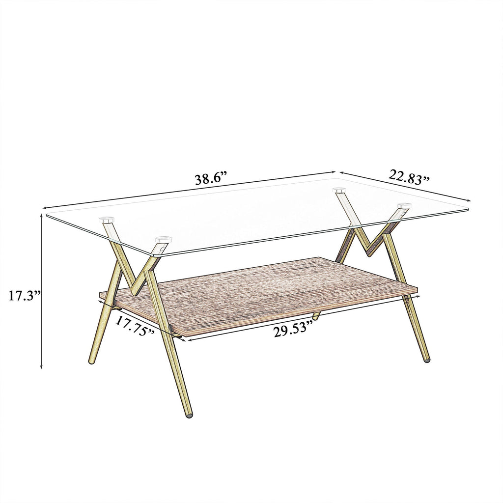 Rectangle Coffee Table With Tempered Glass Top And Shelf