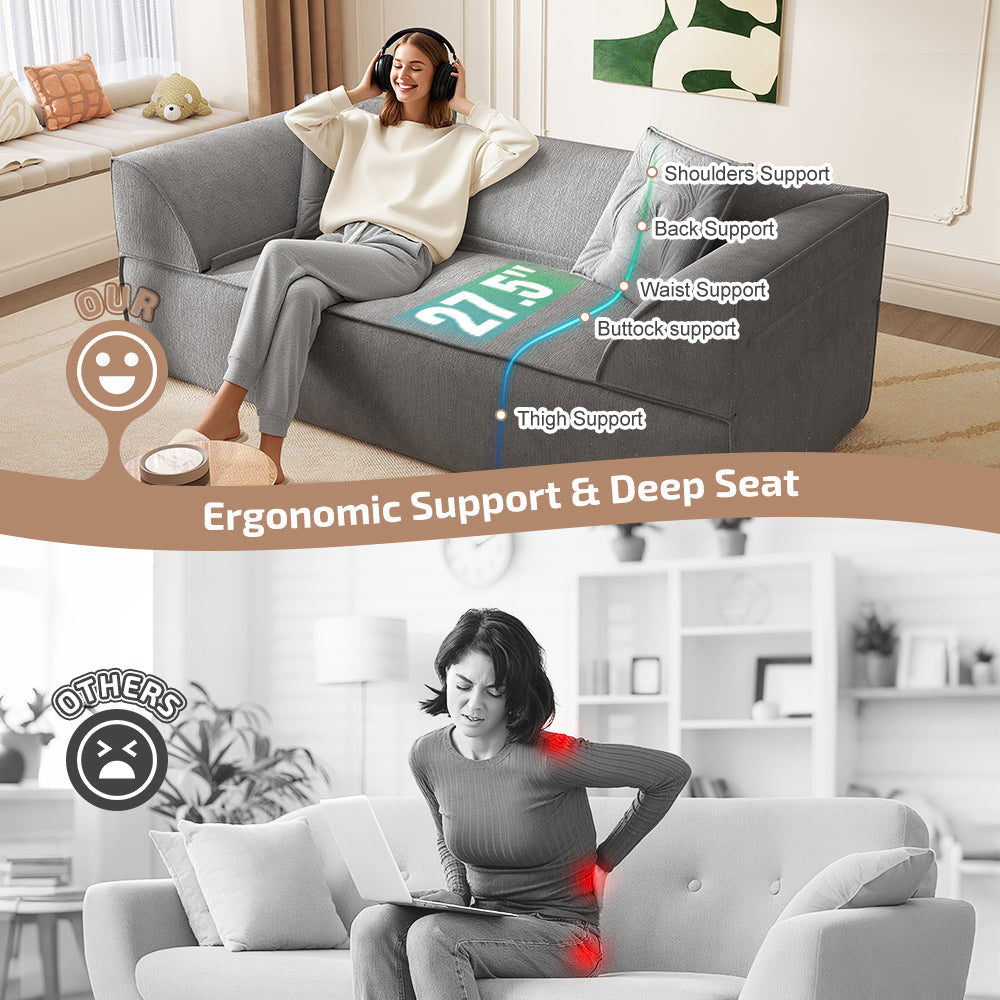 3-in-1 Convertible Sofa Bed, 79.5' Modern Deep Seat Couch with 2 Pillows, 3-Seater Sofa, Sparkling Chenille Fabric Sofa,Chaise Lounge for Living Room, Studio,Office,Grey