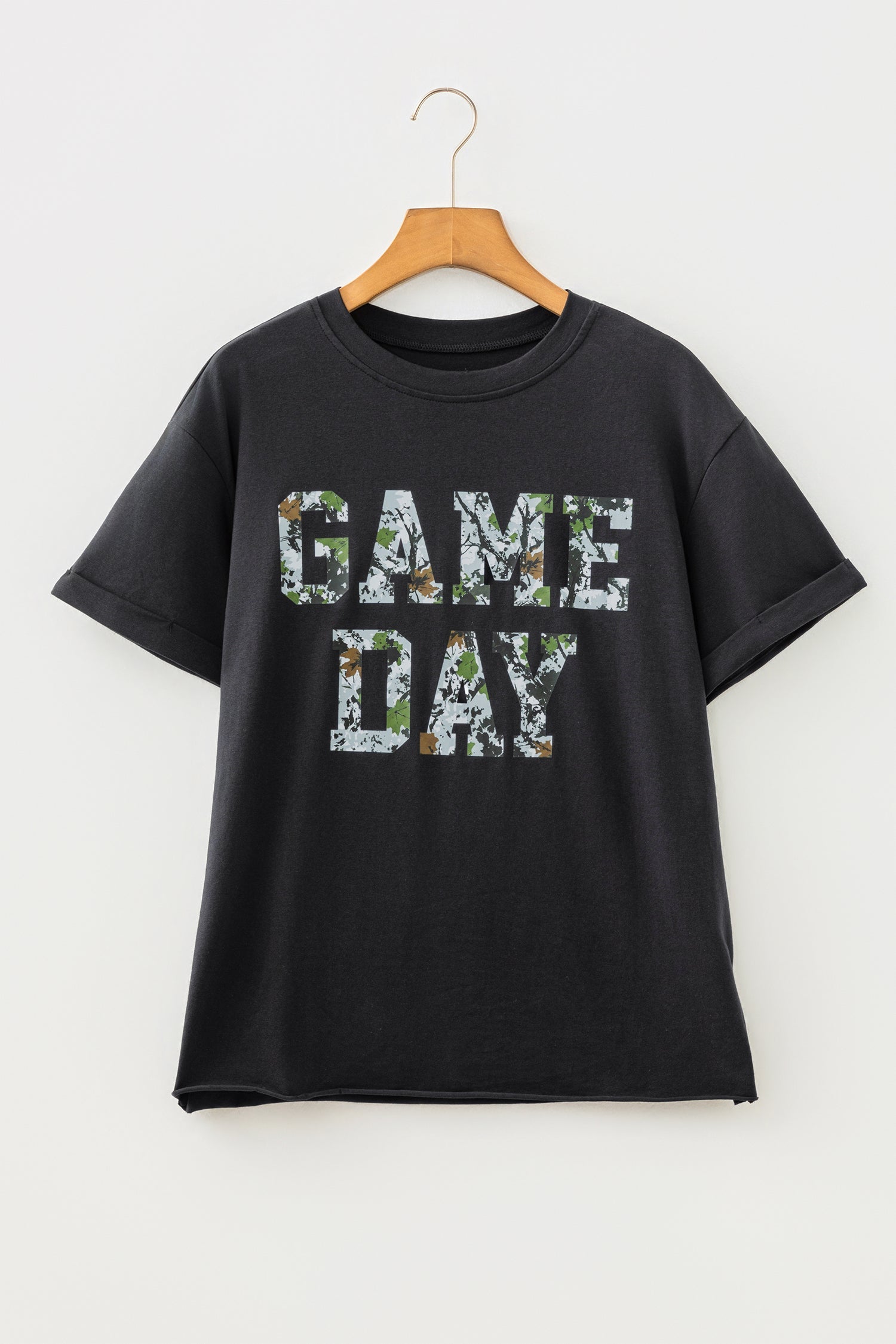 Camo Game Day Letter Graphic Round Neck T-Shirt