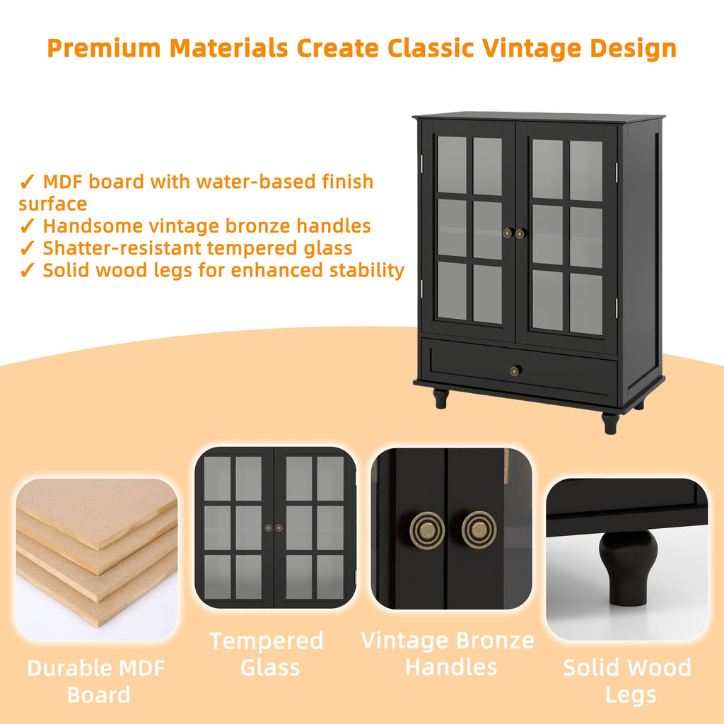 Minimalist Buffet Cabinet with Double Glass Doors and Drawer, Modern Wooden Storage Sideboard in Black