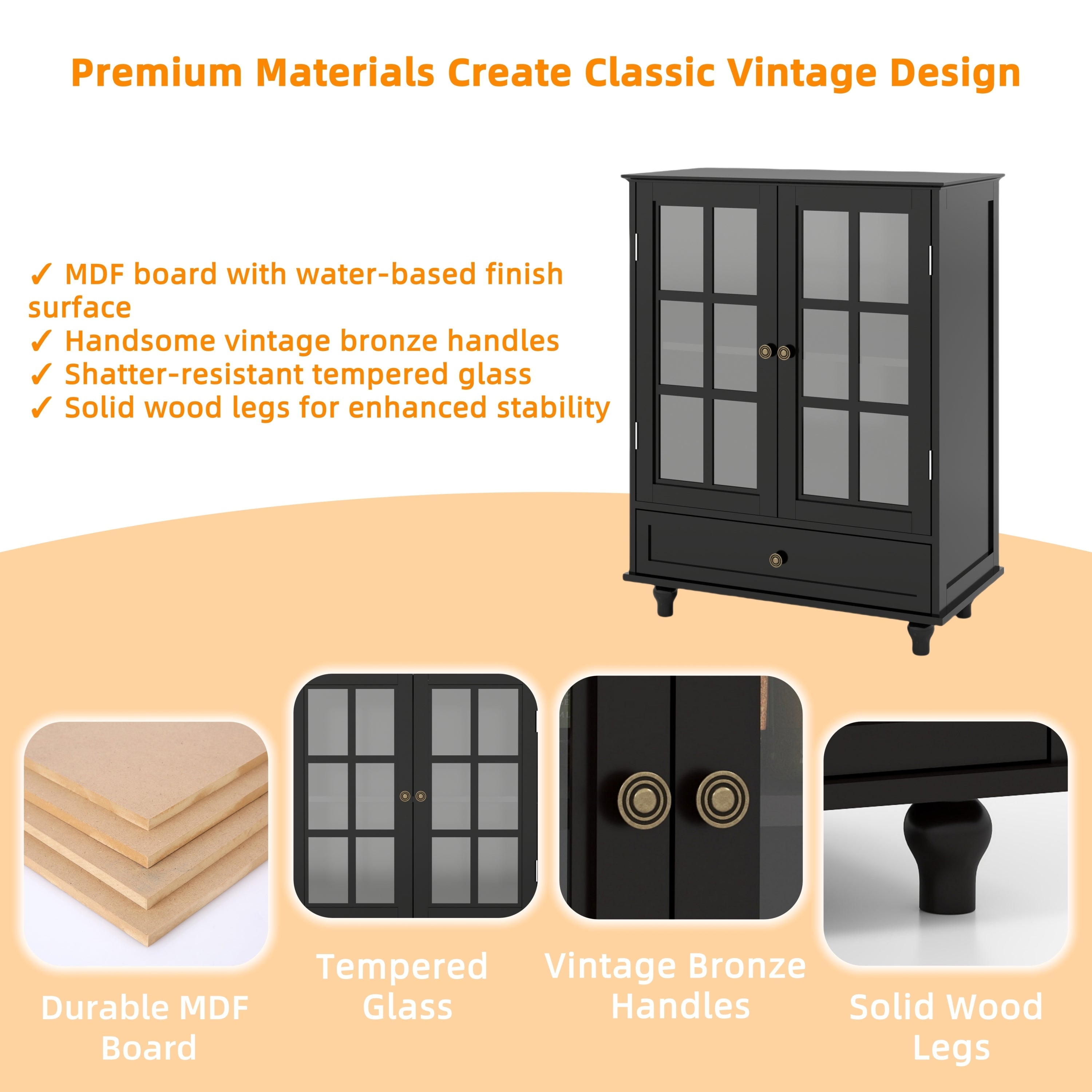 Minimalist Buffet Cabinet with Double Glass Doors and Drawer, Modern Wooden Storage Sideboard in Black