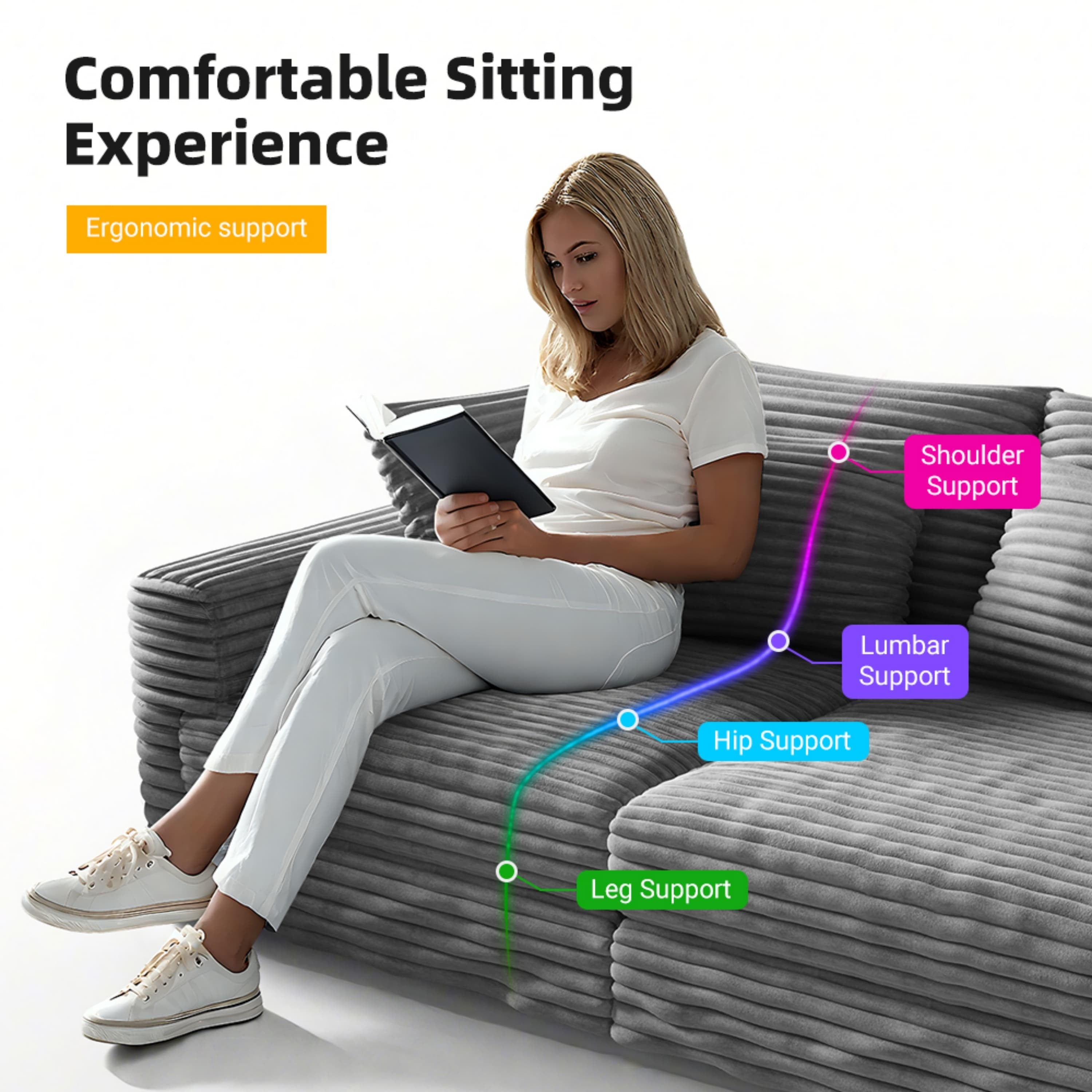 82.7 ' Plush Corduroy 3-Seat Sofa, Modern Comfy Upholstered Sofa Cloud Couch, Deep Seat Couches with Soft Pillows and 1 Ottomans, Convertible Sofa Lounge Chair, for Living Room,Apartment,Office,Grey