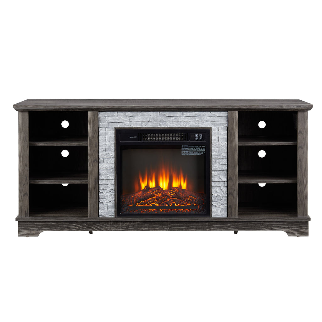 Mantel Electric Fireplace Stone TV Media Stand with Faux Stacked Stone Surround, Modern Entertainment Console with Open Storage Space with 18' Fireplace Insert ,Grey, 58.31'W*15.39'D*26.06'H