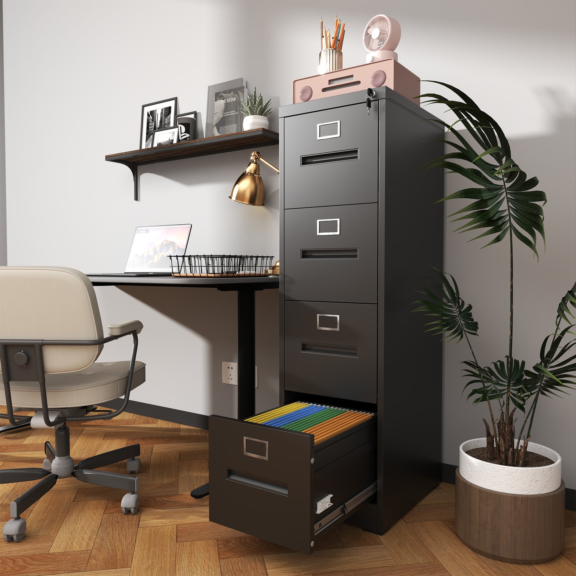 Premium 4 Drawer File Cabinet with Lock Metal Vertical File Cabinet for Office or Home in Black Steel, A4 Legal/Letter Size